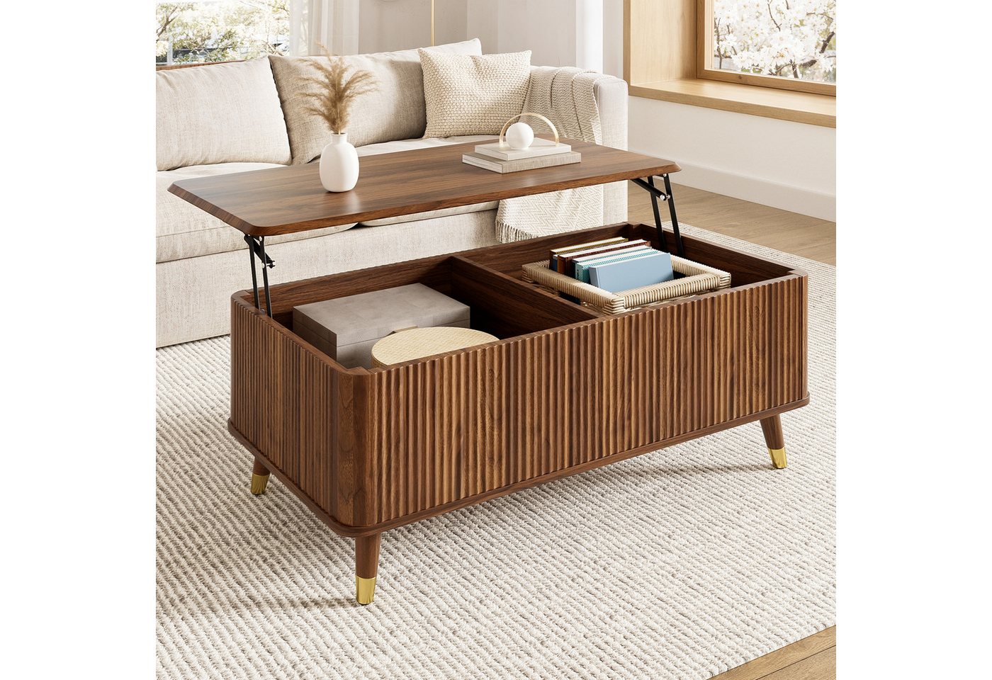 Merax Couchtisch höhenverstellbar Sofatisch Retro Beistelltisch (1-St), Wohnzimmertisch mit Stauraum und Holzbeinen, 97x52x56,5 cm