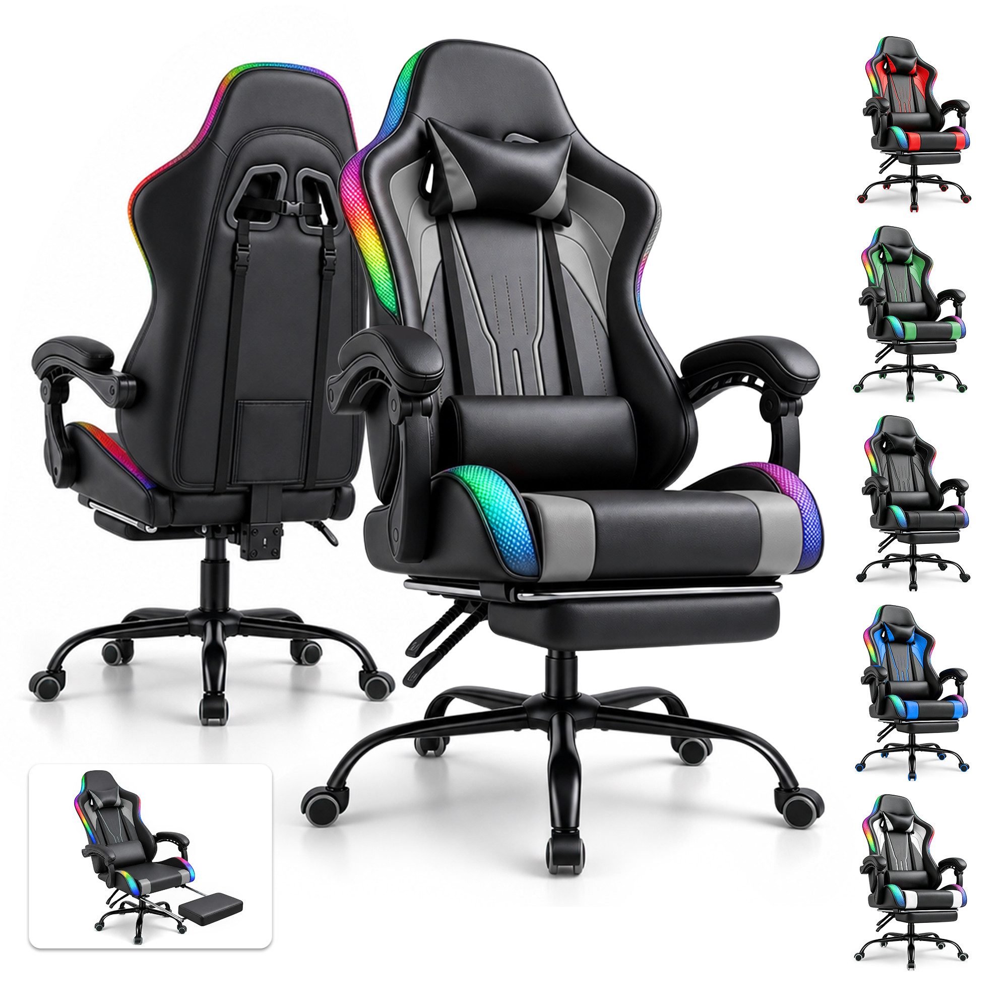 HOMALL Gaming-Stuhl mit LED,Ergonomisch,Fußstütze,computerstuhl,gaming stuhl mit massage, Ergonomischer Bürostuhl,Kopfstütze und Lendenstütze