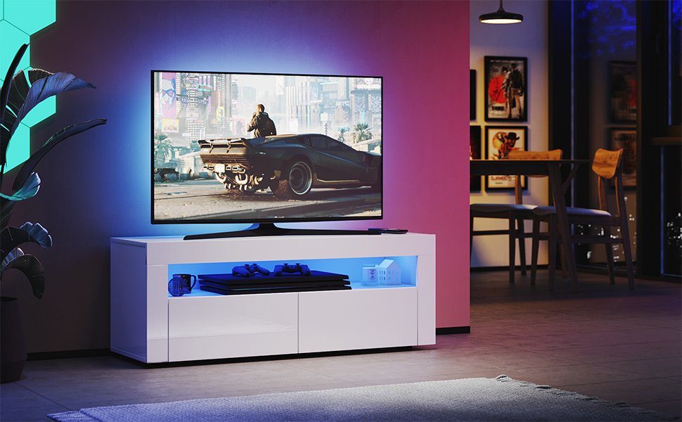 Weiß Beleuchtung LED tv schrank TV-Schrank mit wohnzimmer Unterschrank, Hochglanz TV-Schränke Lowboard, Fernsehschrank, 155x40x45cm/122x40x45cm in SONNI TV