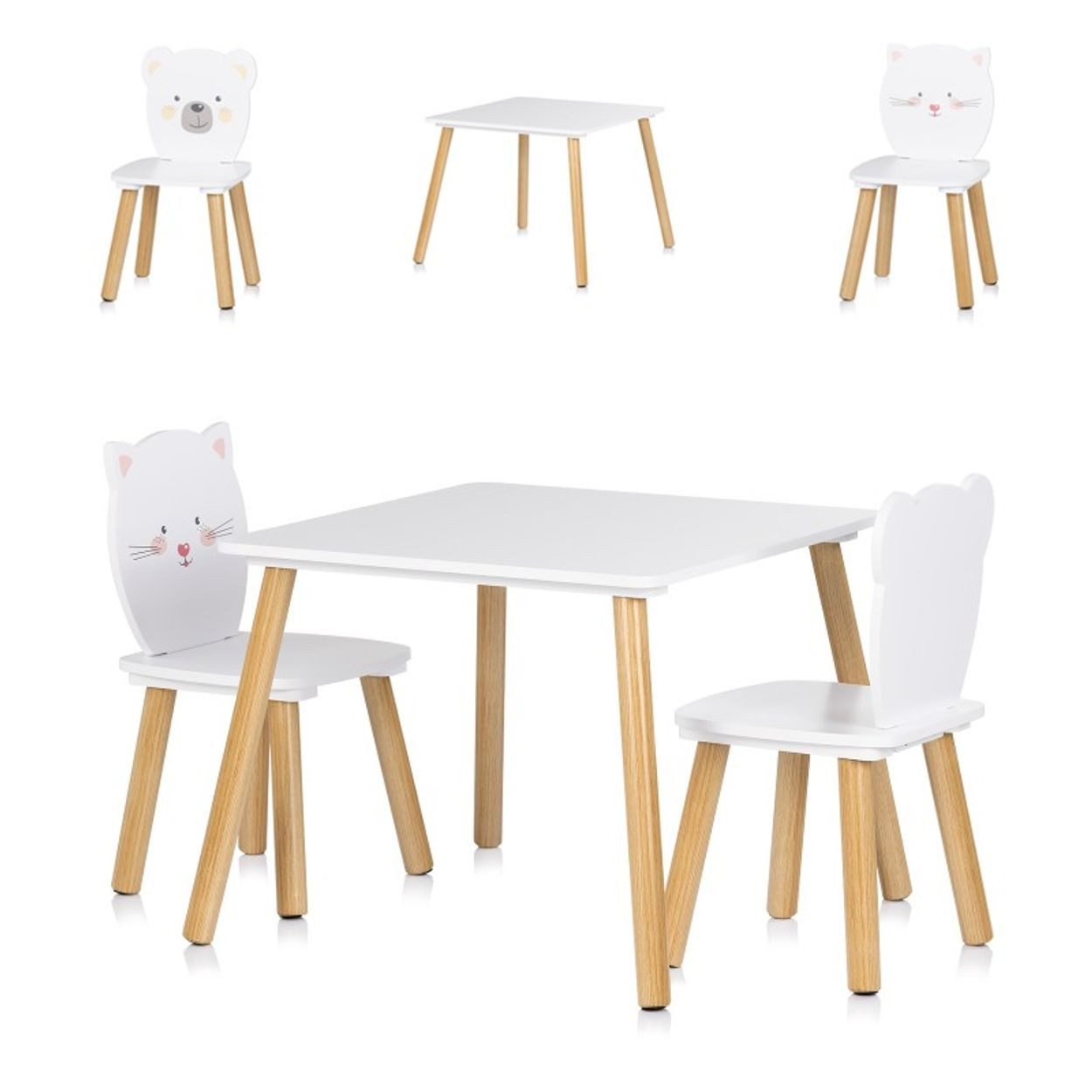 Chipolino Kindersitzgruppe Tiermotiv, 55 x 55 cm, Tischset, 2 Stühle, MDF, Massivholz, Tiermotive, Holz