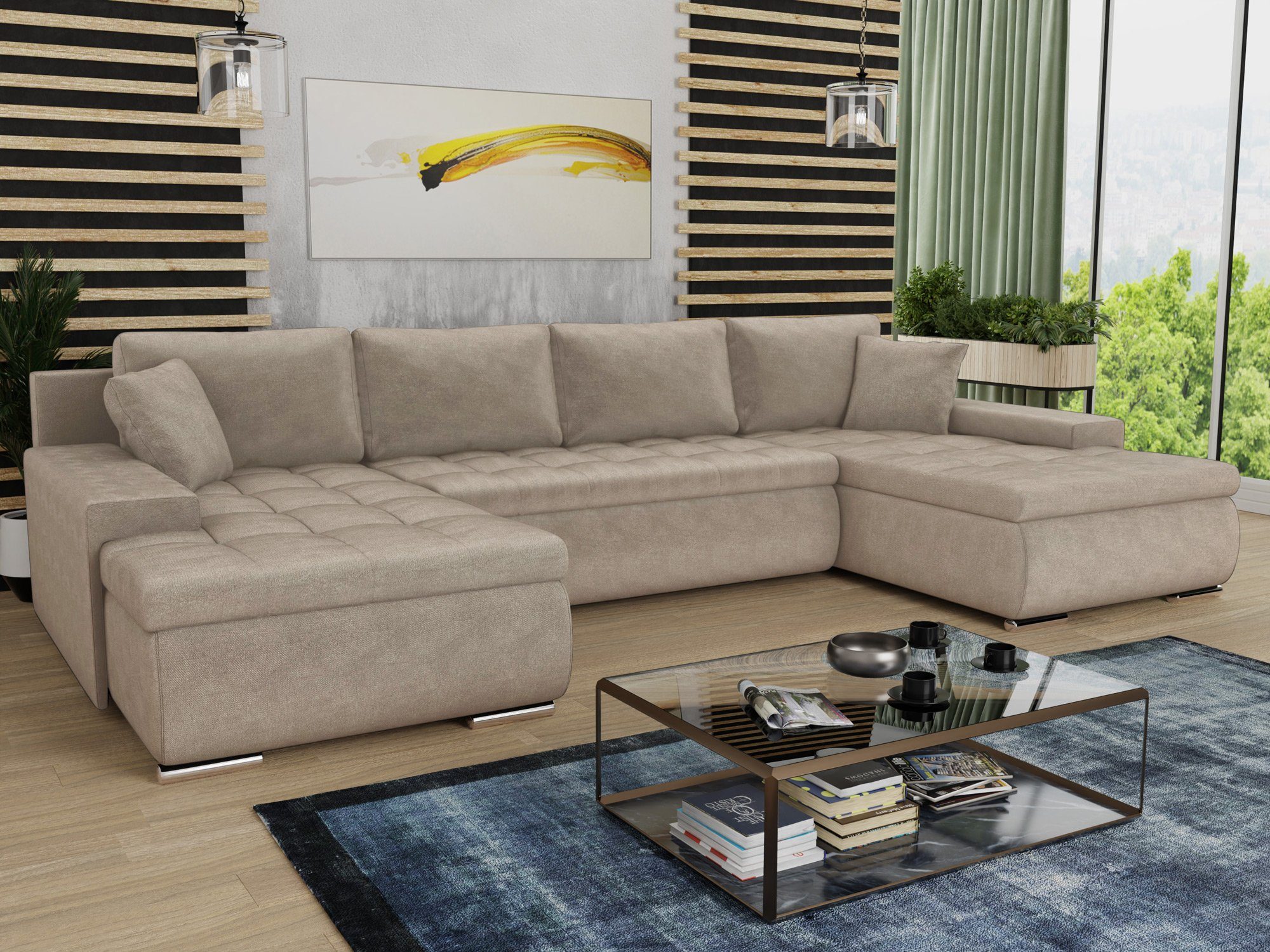 Sofnet Wohnlandschaft Faris U, mit Schlaffunktion und Bettkasten, Ecksofa, U-Form Couch, Schlafsofa mit Wellenfeder