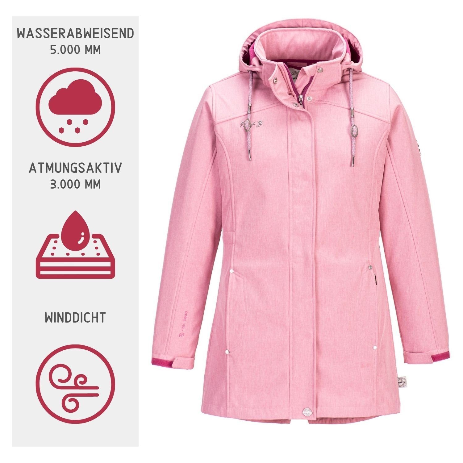 Damen wasserfest, FirstB winddicht, melange atmungsaktiv Softshellmantel rose