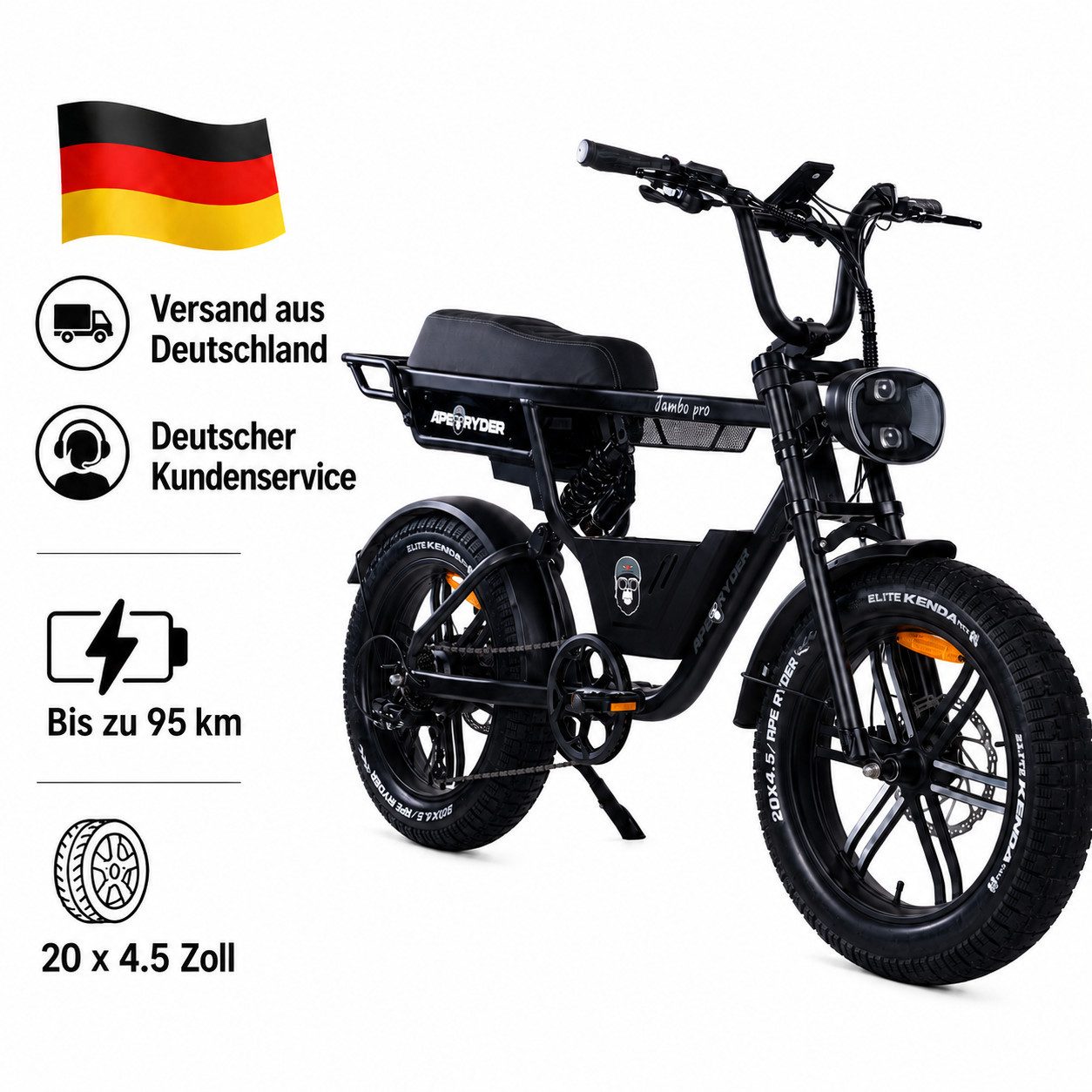 APE RYDER E-Bike Mountainbike Jambo Pro 20 Zoll Fatbike, 250 W Motor 48 V 13 Ah Akku, bis 95 km, 7 Gang, Heckmotor, 624 Wh, (Packung), Shimano 7-Gang, hydraulische Scheibenbremsen