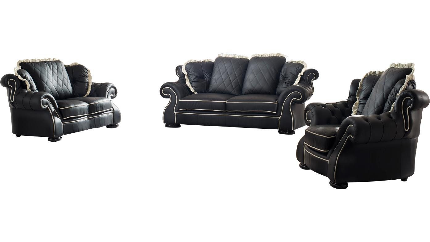 Salottini Polstergarnitur Chesterfield Sofagarnitur Dover Leder 3/2/1 Schwarz, (3-tlg), Federkern