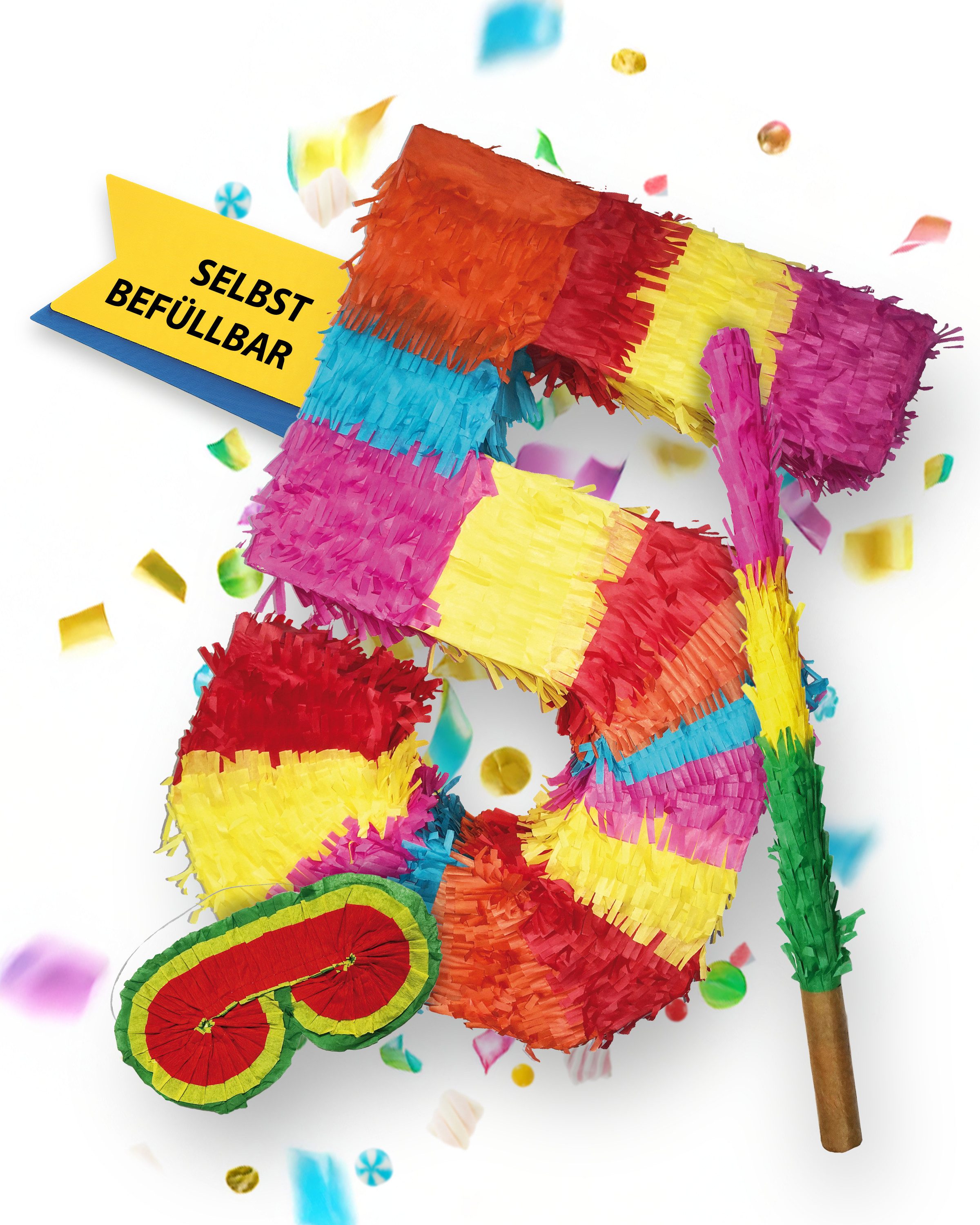Party Factory Pinata Piñata Zahl 5 mit Stab & Maske – Geburtstags-Piñata zum Befüllen, 50 x 35 x 8cm