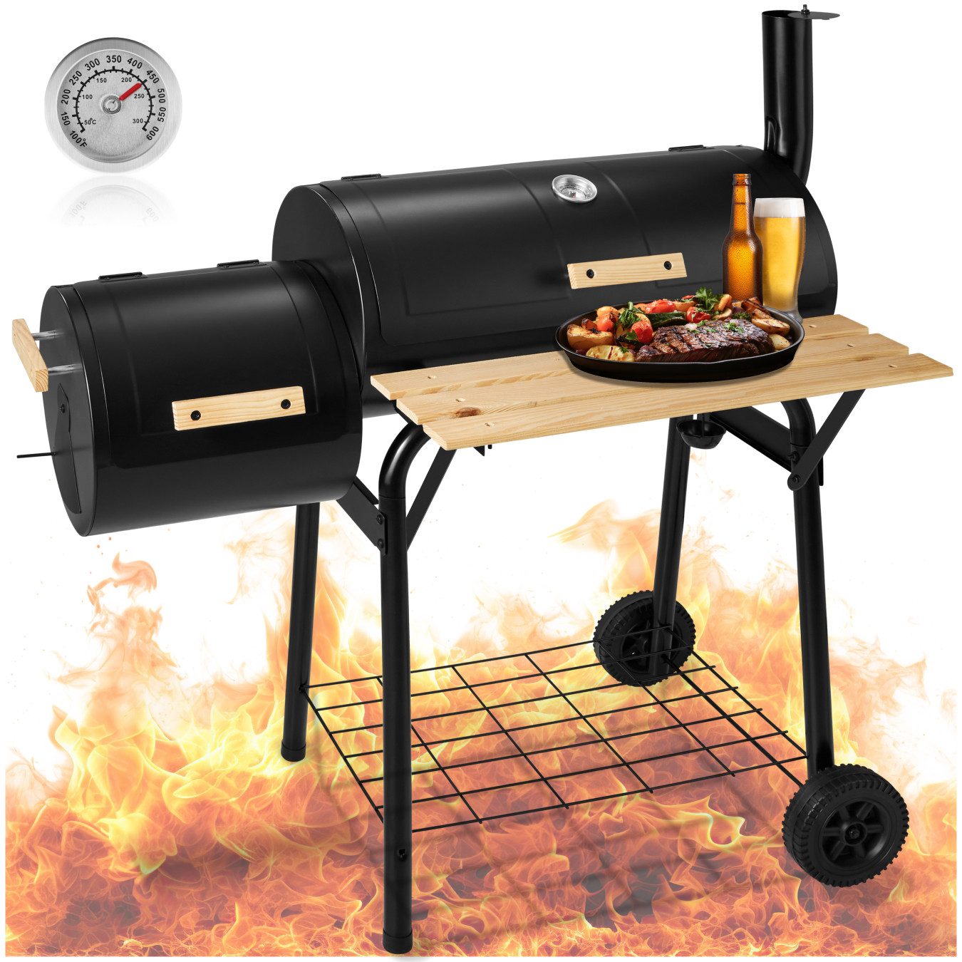 tectake Holzkohlegrill Grillwagen Smoker mit Thermometer, 3 in 1, zum Grillen, Räuchern, Garen, mit 2 Rädern