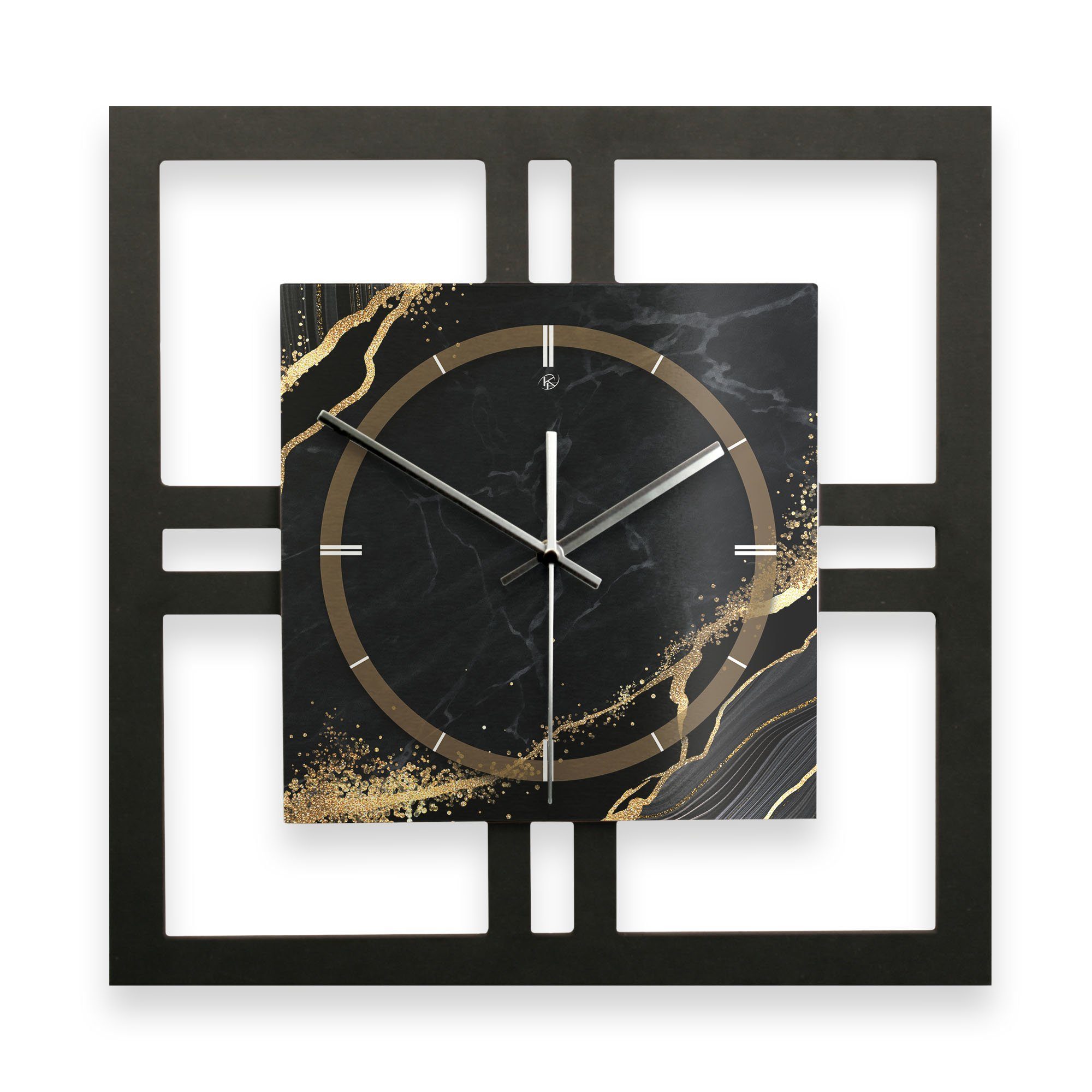 (ohne Kreative modern) Metallic-Look „Black außergewöhnlich, Designer-WANDUHR Gold Funk- elegant, modernem Wanduhr Ticken; in Waves“ Quarzuhrwerk; & Feder oder