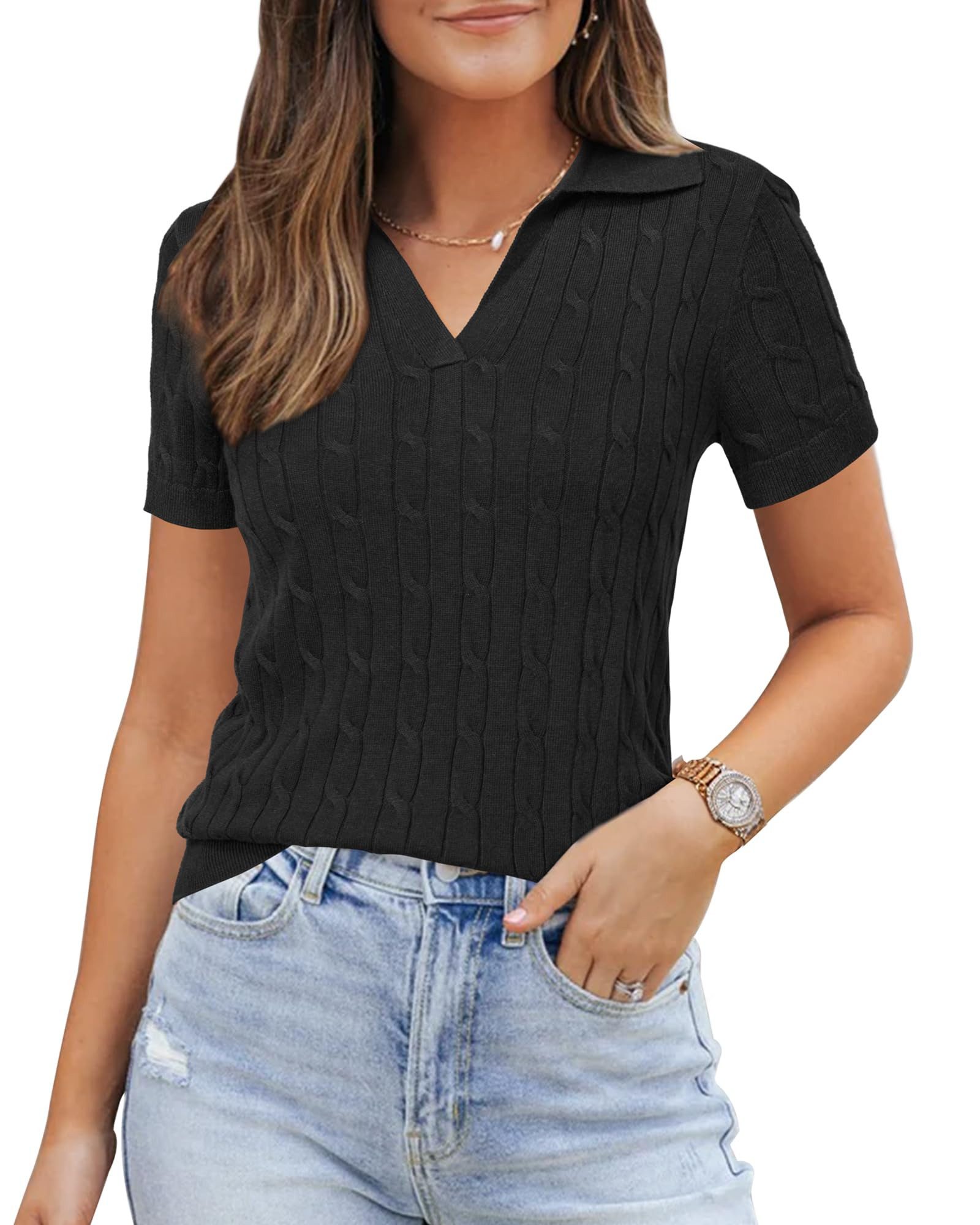 Arach&Cloz Poloshirt Damen Wollmischung Poloshirt Kurzarmpullover Strickpullover Volltonfarbe V-Shirt Tops Business Casual Kurzarmshirt Wollpullover