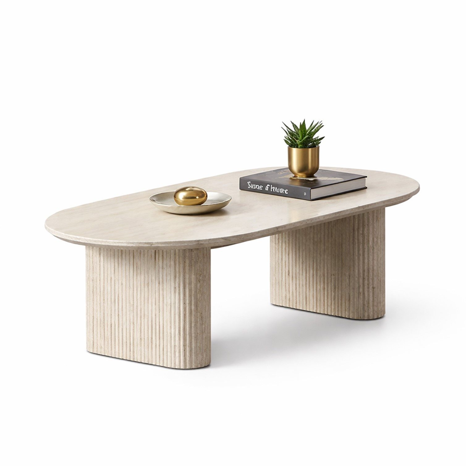 HOOZ Wohnzimmertisch Couchtisch oval Keramikplatte Traventin-Optik Säule Mond 130x70 cm (Set, 1-St., 1× Couchtisch), Keramik-Tischplatte, verschiedene Varianten, pflegeleicht & stabil