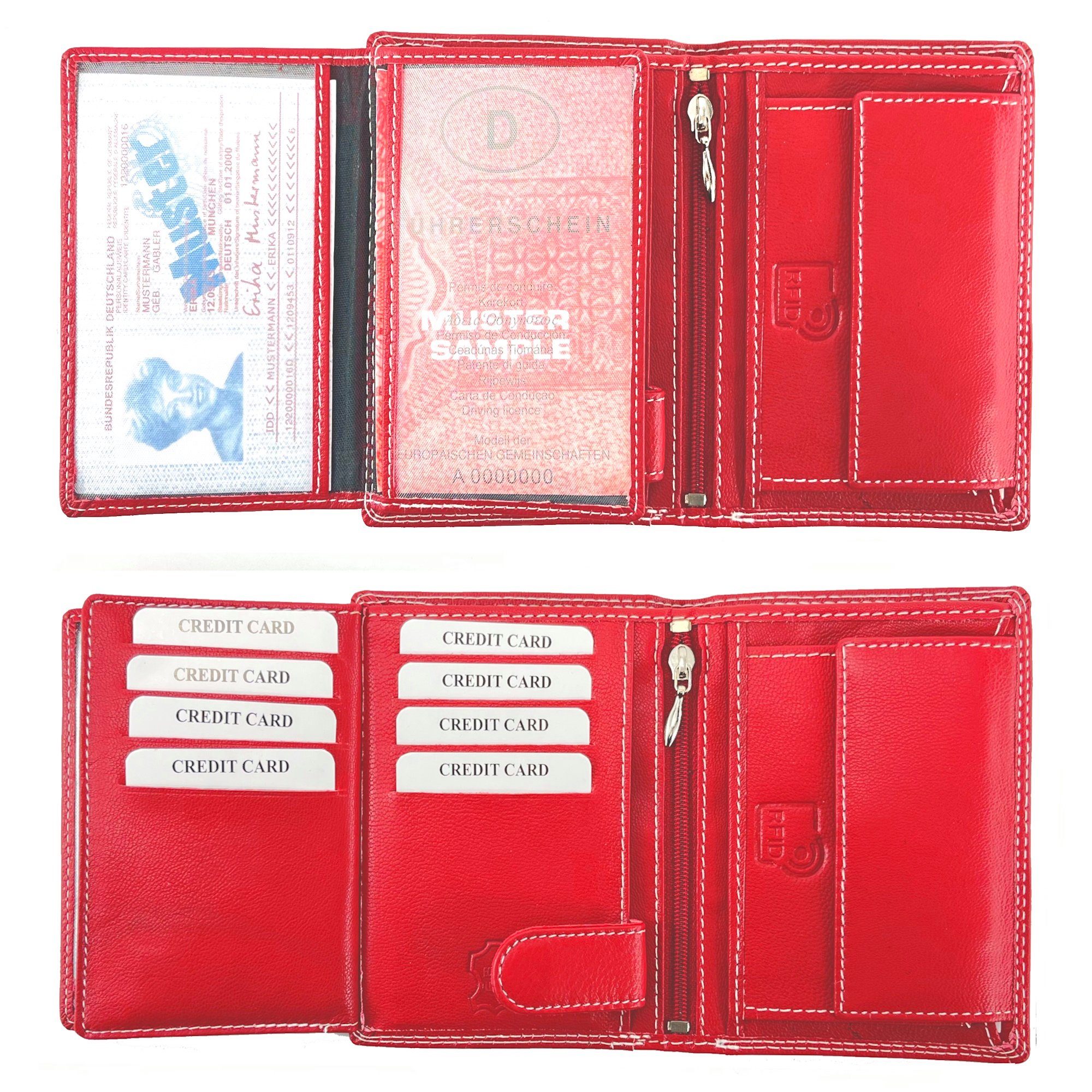 L&B Geldbörse Rindsleder Portemonnaie, integrierter RFID-Schutz >2338< Geldbeutel, Druckknopffach & Reißverschlussfach + 9 Kartenfächer & 3 Sichtfächer