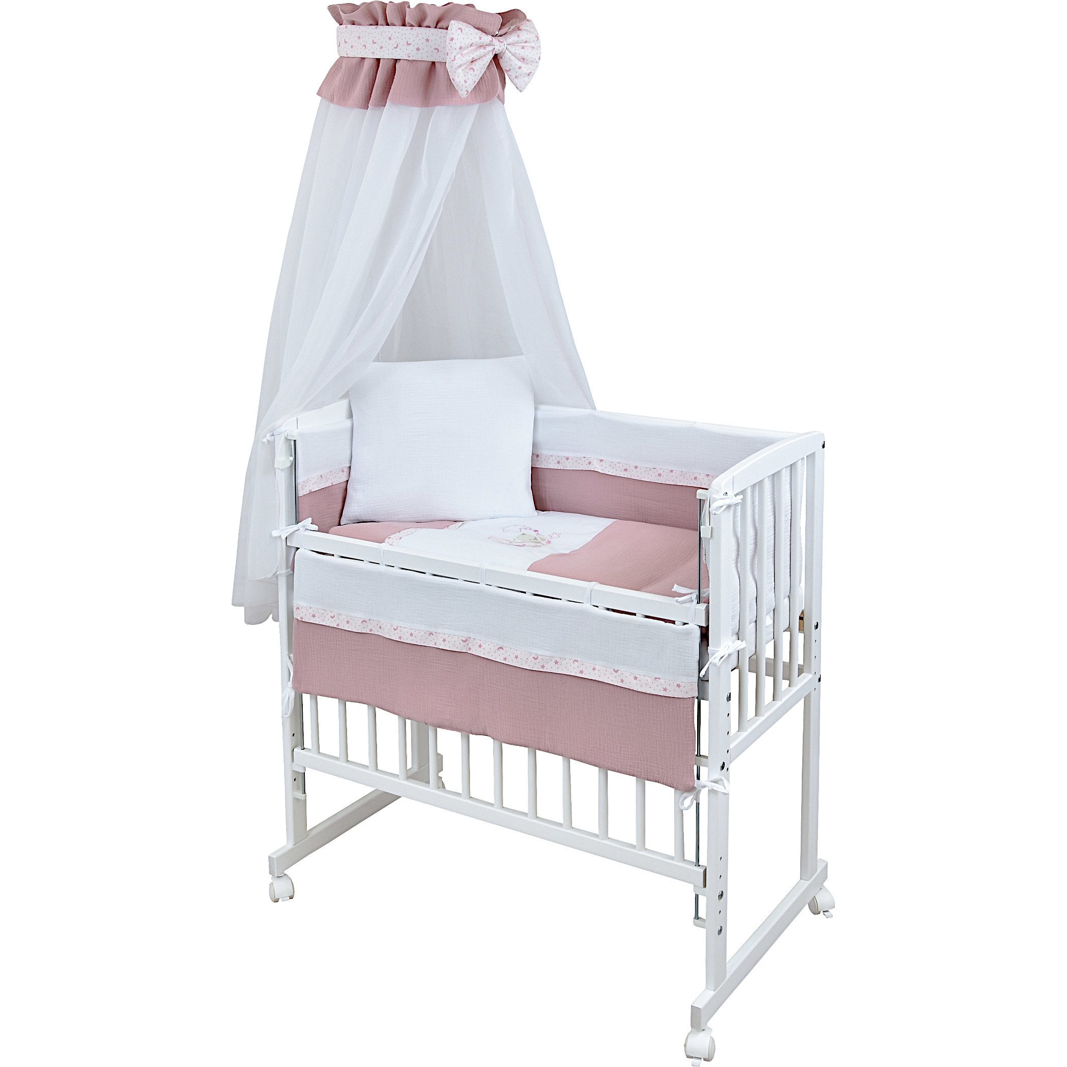 Baby-Delux Stubenbett Beistellbett Komplettset Waffelpique Musselin, Stillbett 90x40 weiß höhenverstellbar, Matratze inkl. komplett Set