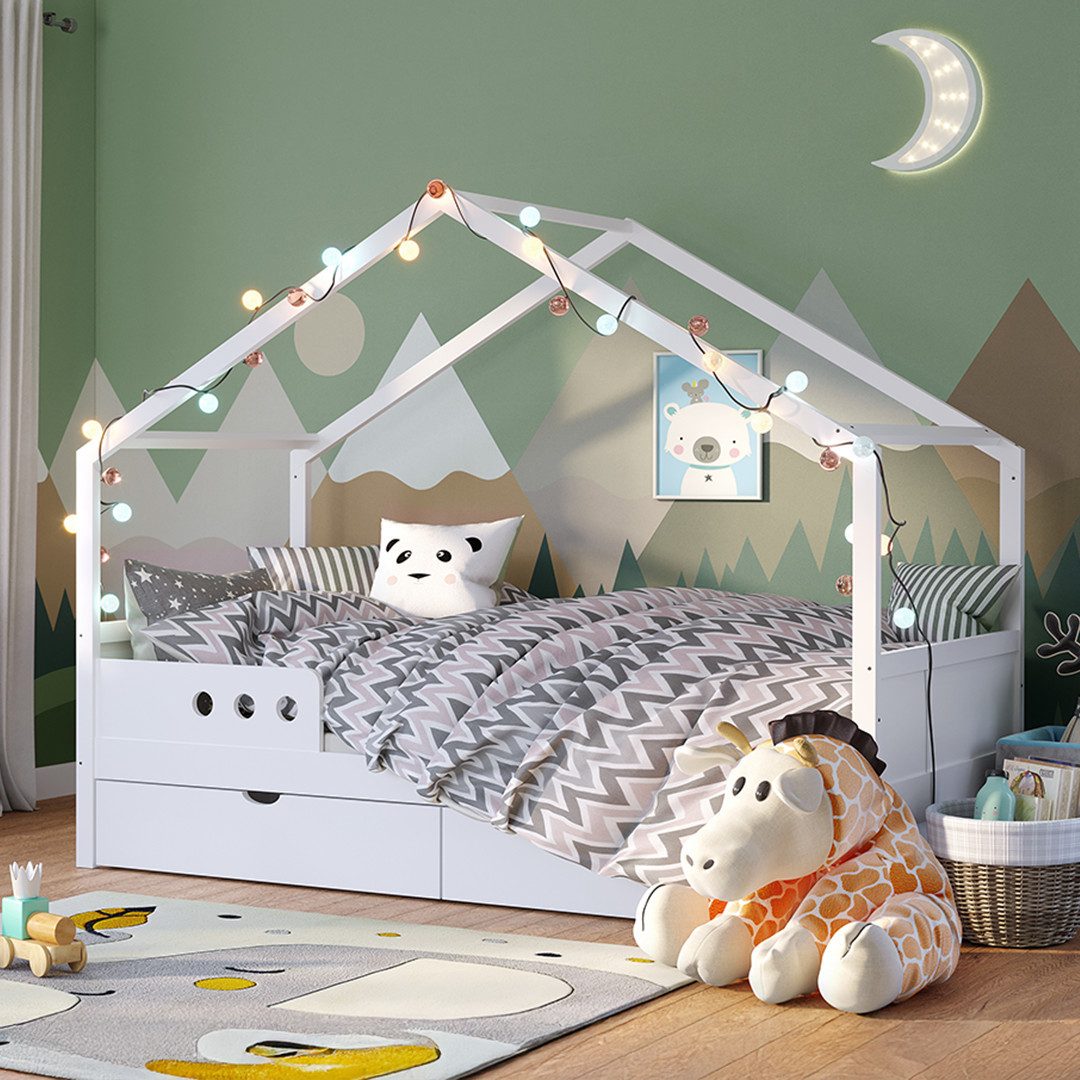 Bellabino Hausbett Bela 90x200 cm aus Massivholz Kiefer (weiß mit 1 Schubla günstig online kaufen