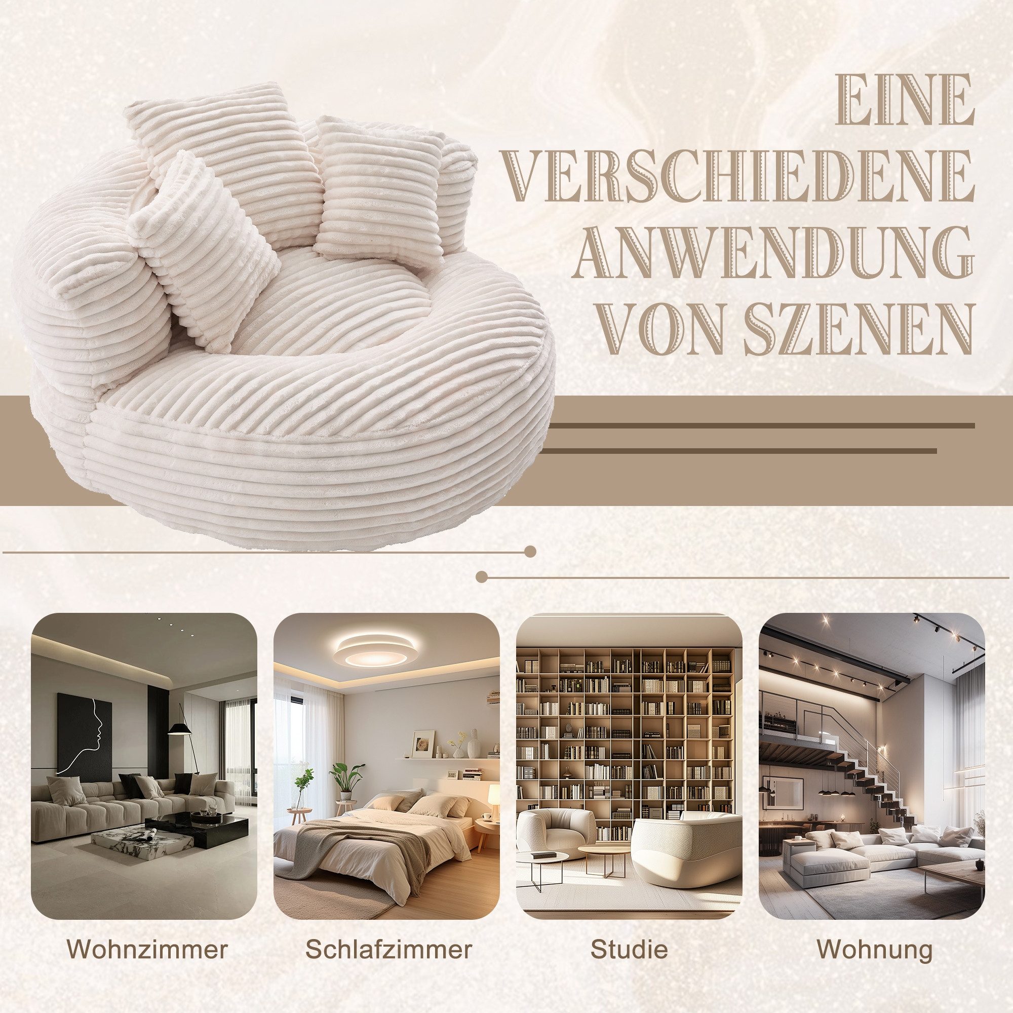 LVHOM Sitzsack 108x108x52cm Chenille Premium Sofa mit 3 extra Kopfkissen (Kuschelig & Atmungsaktiv, Einzelsitzer-Lounge, komplett komprimiert geliefert. Perfekt – Bild 4 von 5