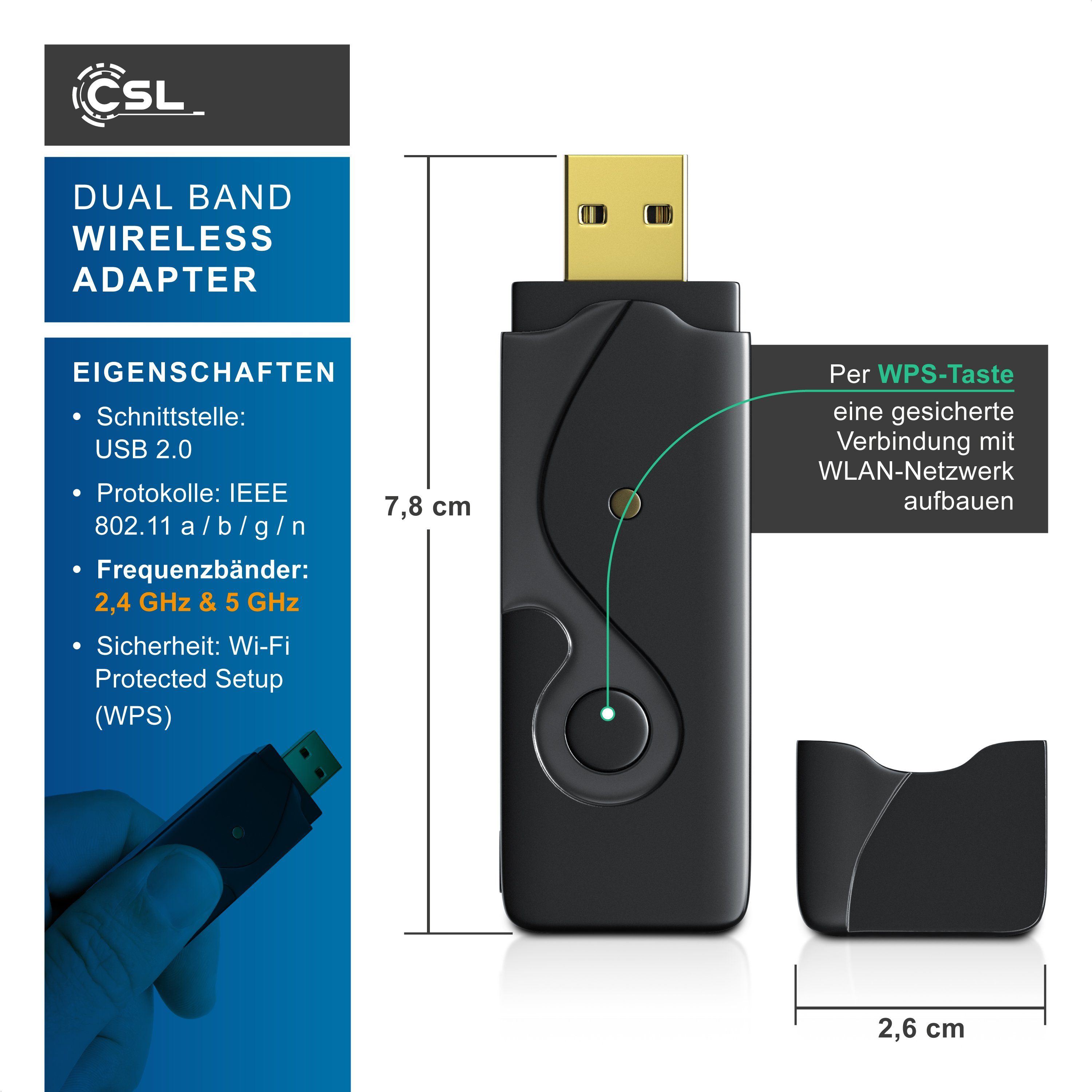 Aplic WLAN-Dongle 600 MBit/s Dual Band Stick WiFi Adapter, 300 Mbps 2,4GHz 300 Mbps 5GHz, USB Adapter für PC/Desktop/Laptop, Kompatibel mit Windows 7-11