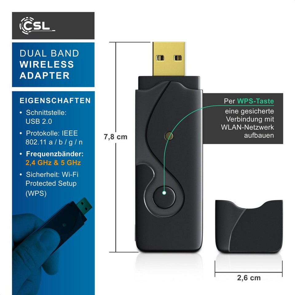 Aplic WLAN-Dongle, 600 MBit/s Dual Band Stick WiFi Adapter, 300 Mbps 2,4GHz  300 Mbps 5GHz