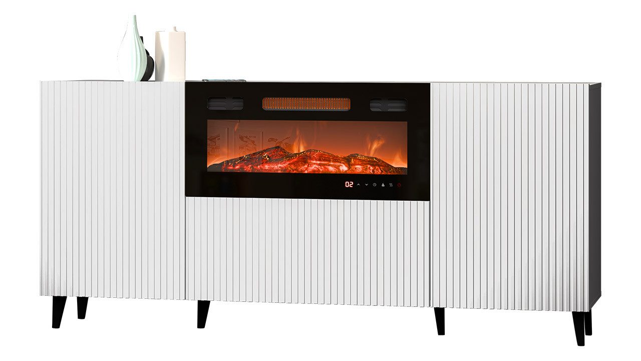 MIRJAN24 Kommode Pafos 180 mit Elektrischem Kamin (mit zwei Drehtüren), Realistische LED-Flamme