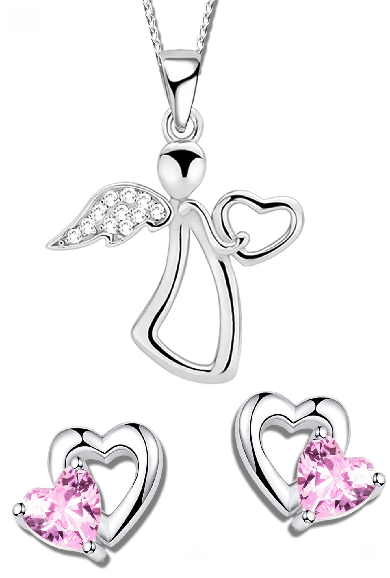 Limana Schmuckset Kinder Mädchen Set 925 Silber Engel Herz Halskette mit Ohrringe, Ohrstecker mit Kette Kinderschmuck Echtschmuck rosa Schutzengel
