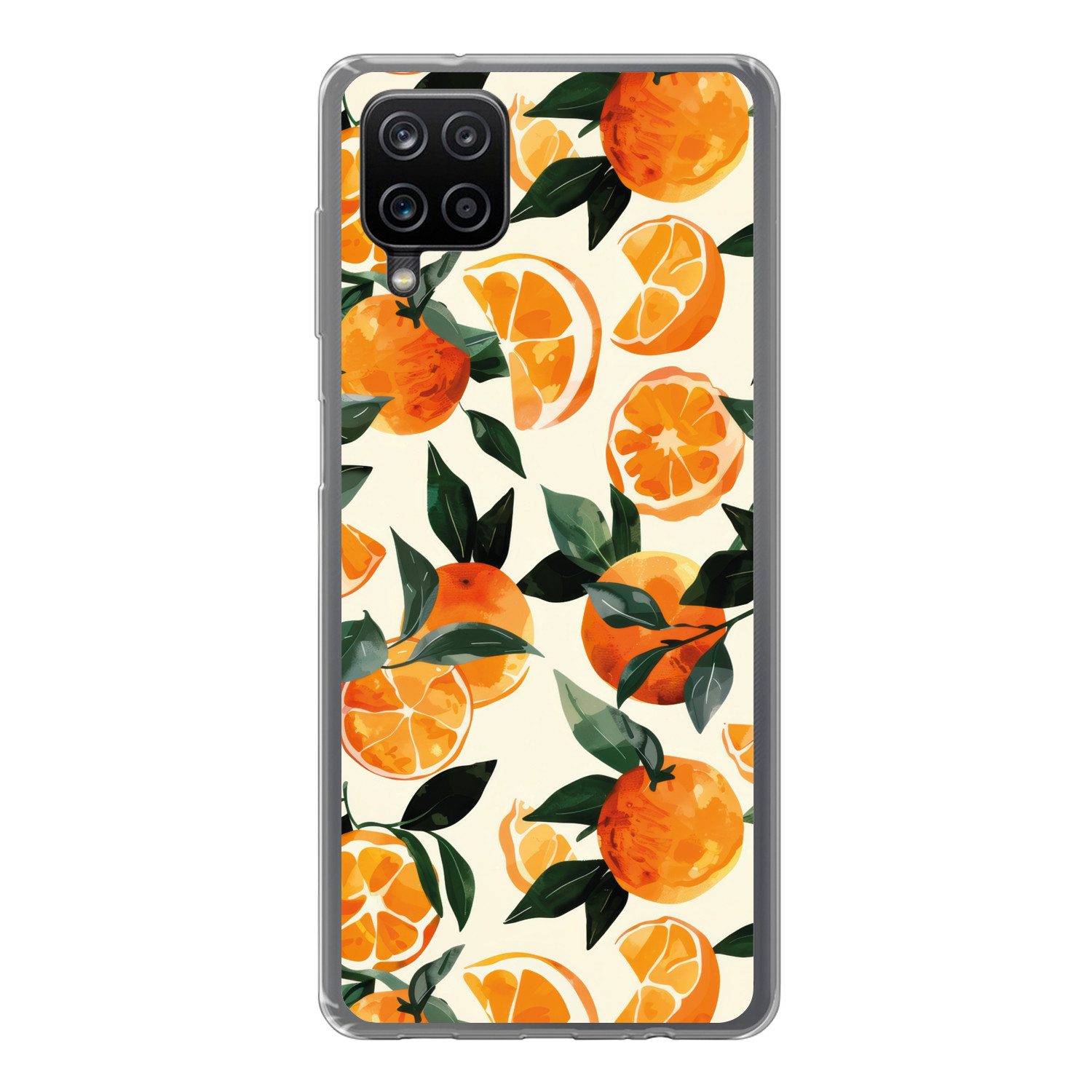 MuchoWow Handyhülle für Samsung Galaxy A12 Orangen - Früchte - Blätter - Orange - Grün - B, Smartphone-Bumper, Print, Handy Schutzhülle Dünn
