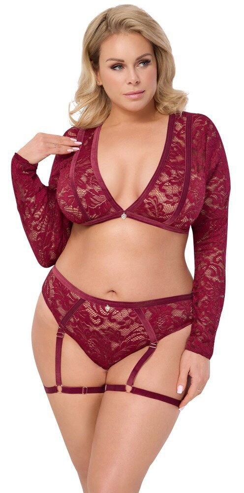Cottelli CURVES Set: Bügelloser BH 2 tlg. Dessous-Set: Langarm-Top und Straps-Slip - rot (2-tlg) Abnehmbare Strapse mit Schenkelriemen