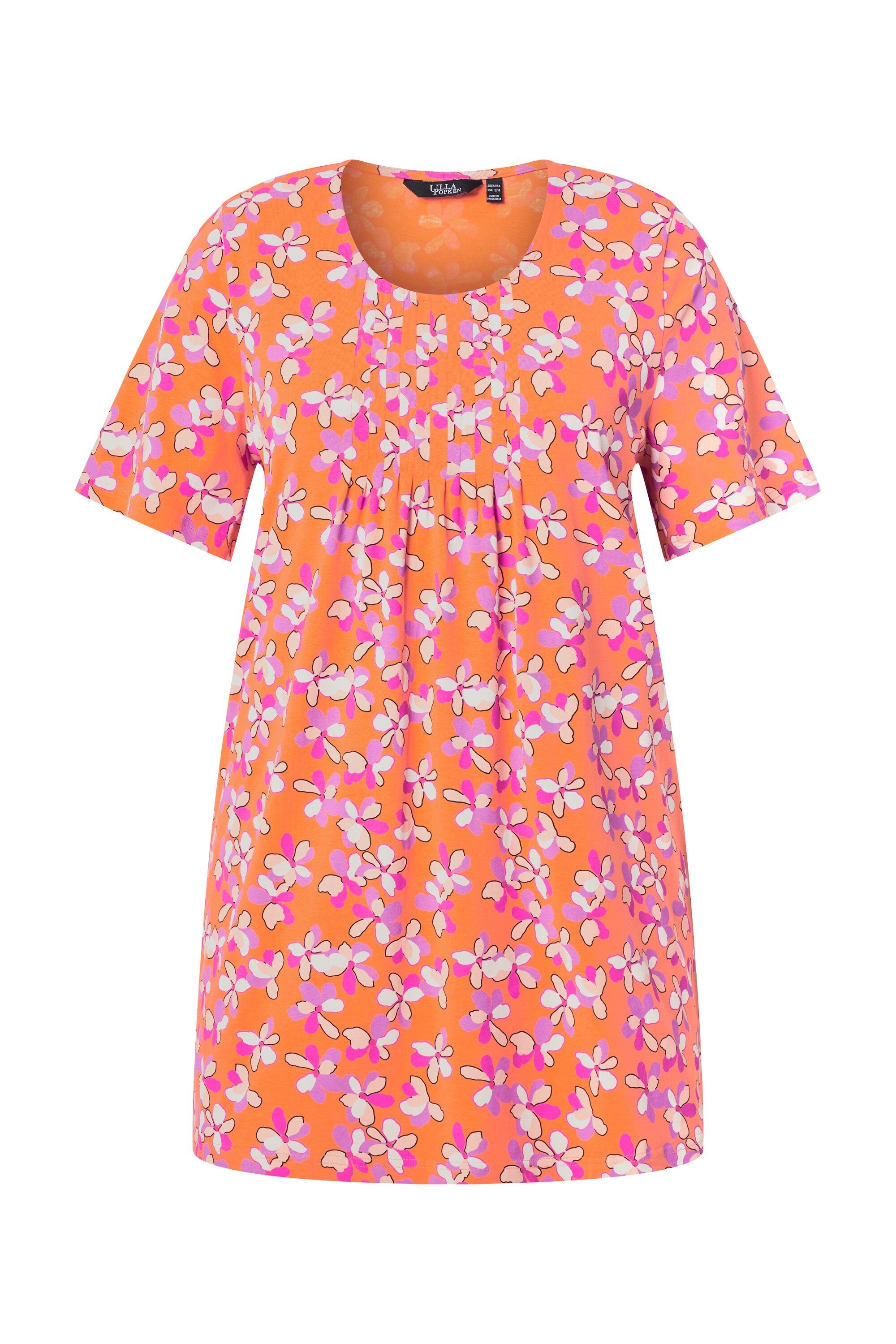 Ulla Popken Longshirt Longshirt Blüten Zierfalten A-Linie Rundhals