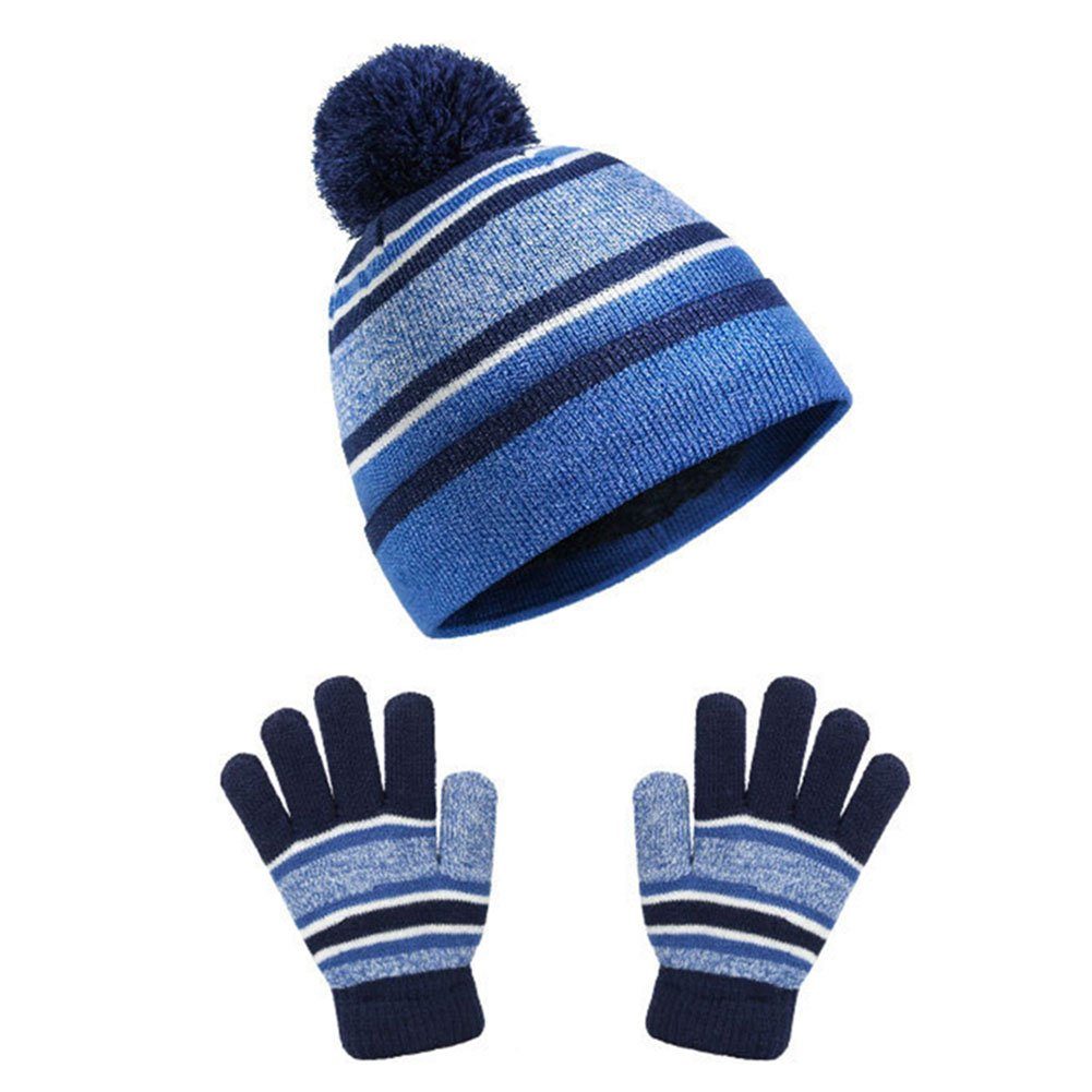 ManKle Strickmütze Kinder Winter Warm Gestrickt Mützen Kinderhandschuhe Set Blau