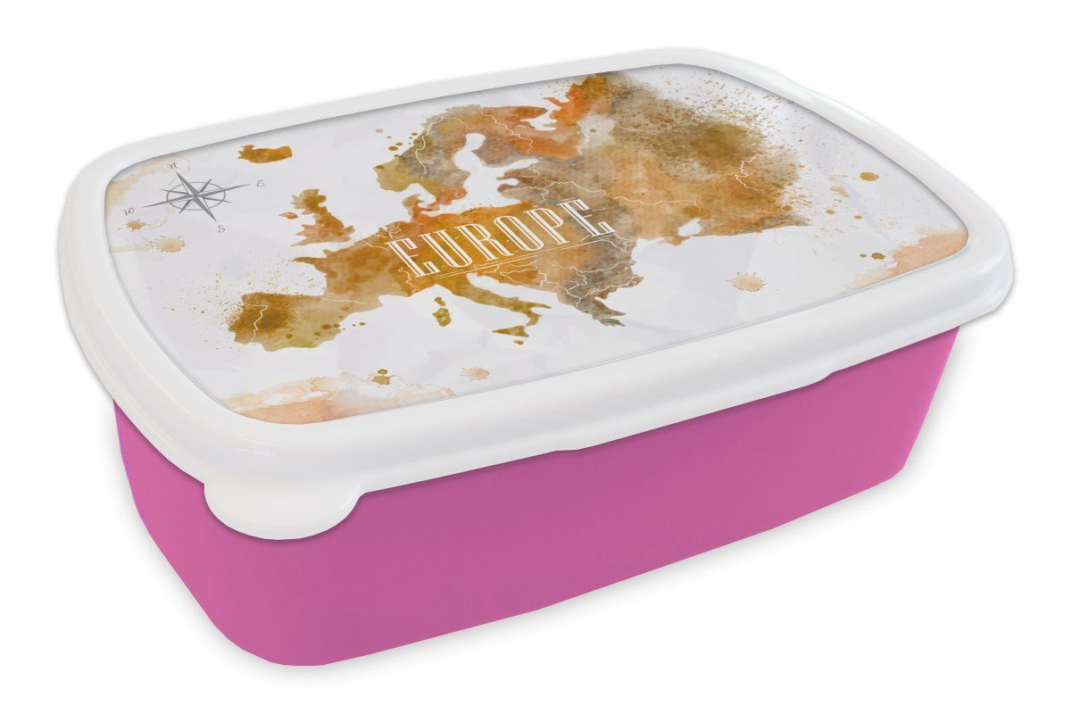 MuchoWow Lunchbox Europa - Farbe - Weltkarte, Kunststoff, (2-tlg), Brotbox für Erwachsene, Brotdose Kinder, Snackbox, Mädchen, Kunststoff rosa