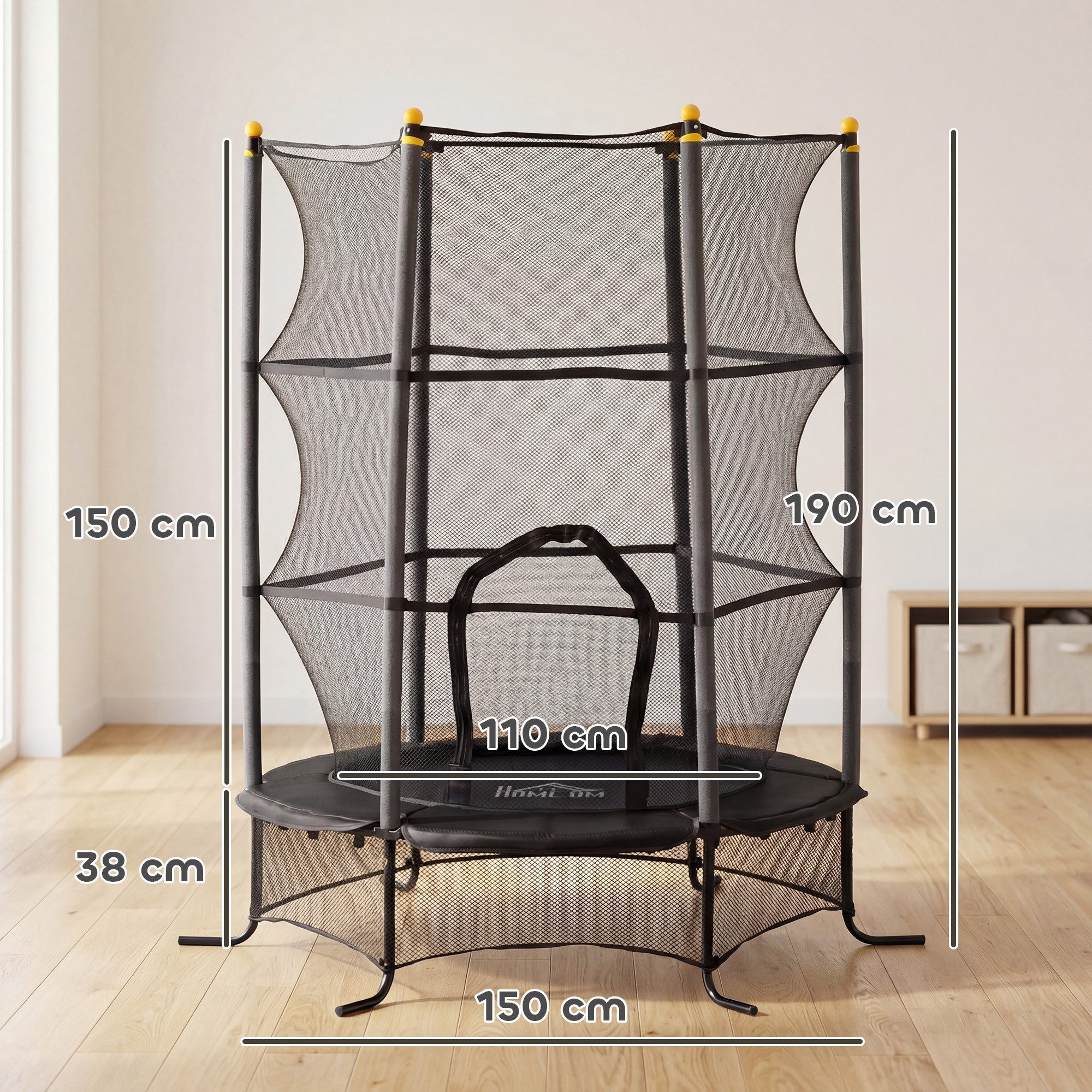 HOMCOM Kindertrampolin Trampolin mit Sicherheitsnetz, Randabdeckung, Gartentrampolin, Ø 163 cm, (Indoor Trampolin, 1 tlg., Trampolin), für Kinder 3-10 Jahre, bis 50 kg belastbar, Schwarz