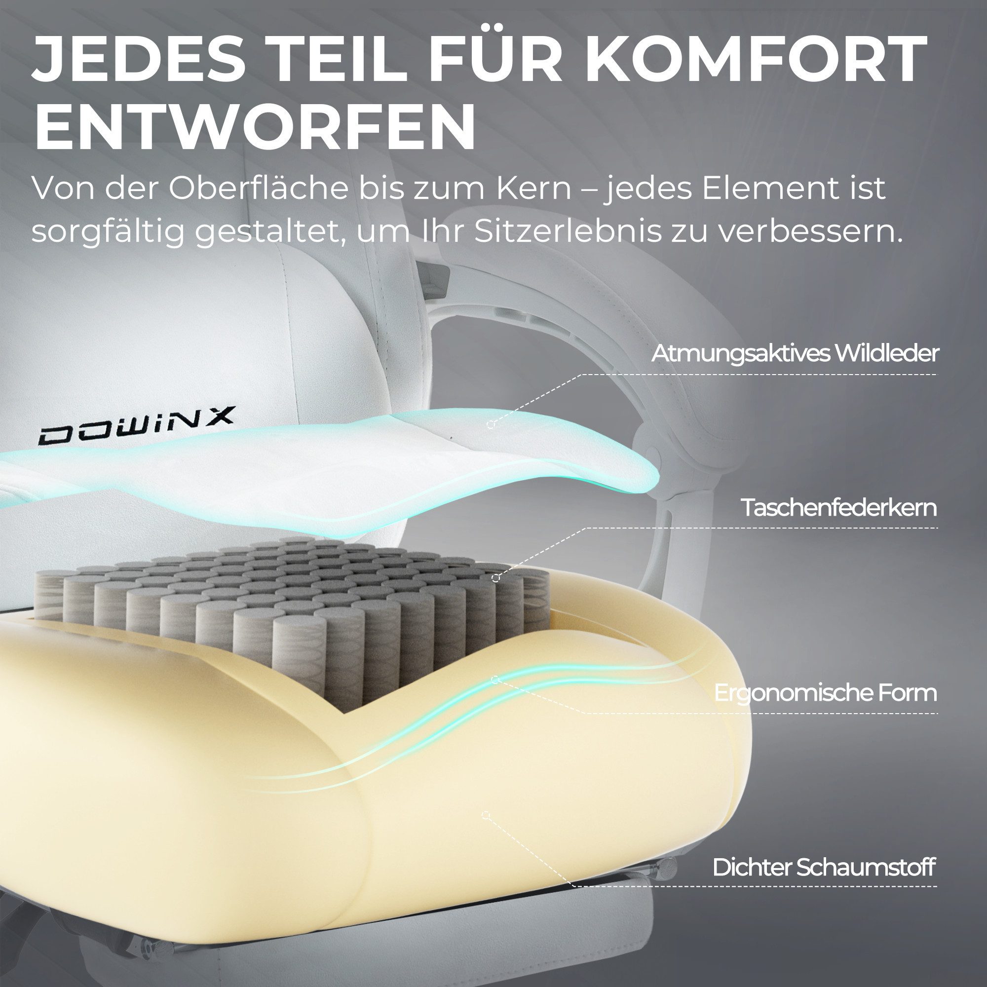 Dowinx Gaming-Stuhl Atmungsaktiver und Ergonomischer Bürostuhl aus Mikrofaser-Velours (Packung), Weiches Sitzgefühl, Verstellbarer Schreibtischstuhl mit Fußstüt – Bild 5 von 5