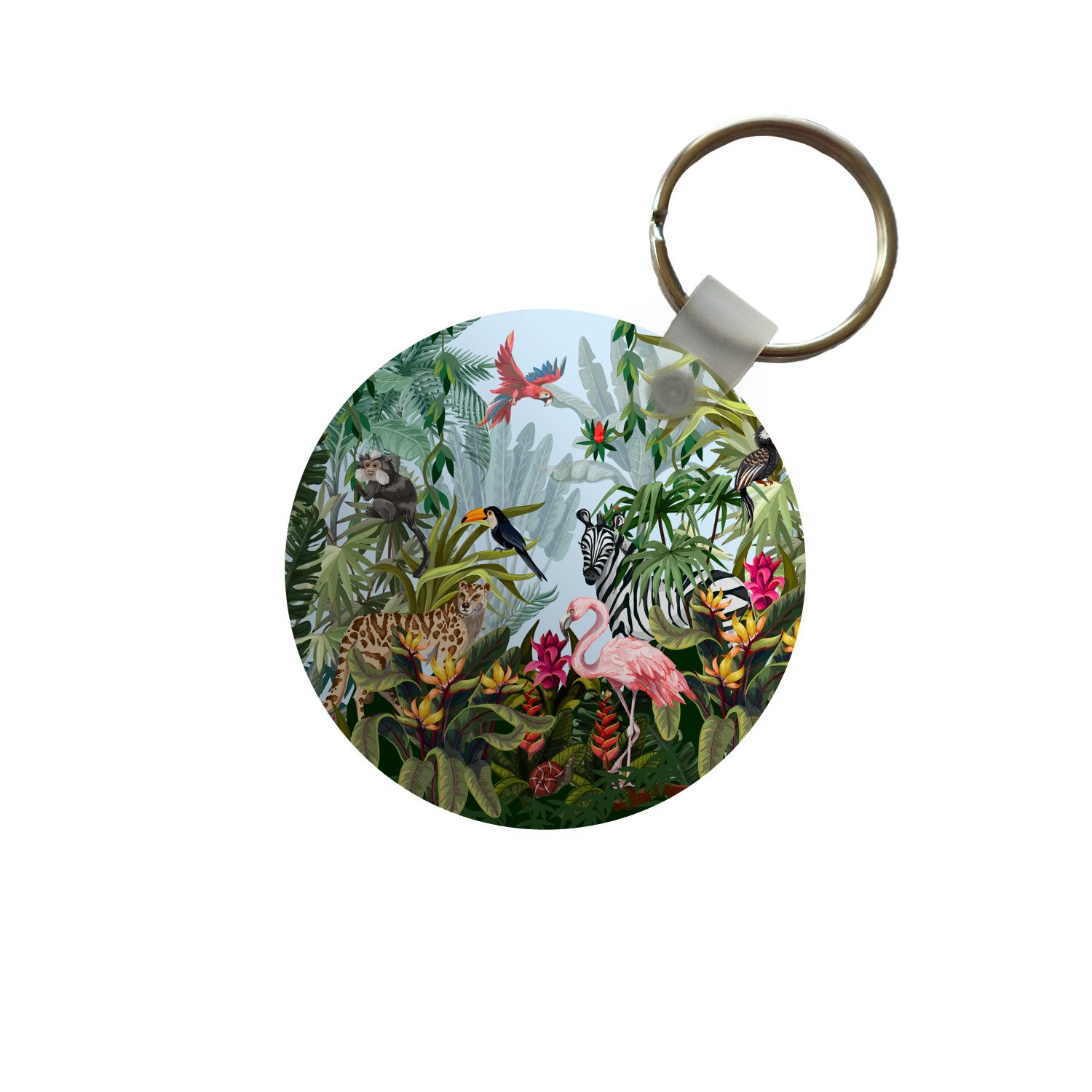 MuchoWow Schlüsselanhänger Dschungel - Natur - Jungen - Mädchen - Kinder - Zebra - Flamingo, Rund, Geschenk für Damen / Herren / Kinder mit Schlüsselring, 5x5 cm