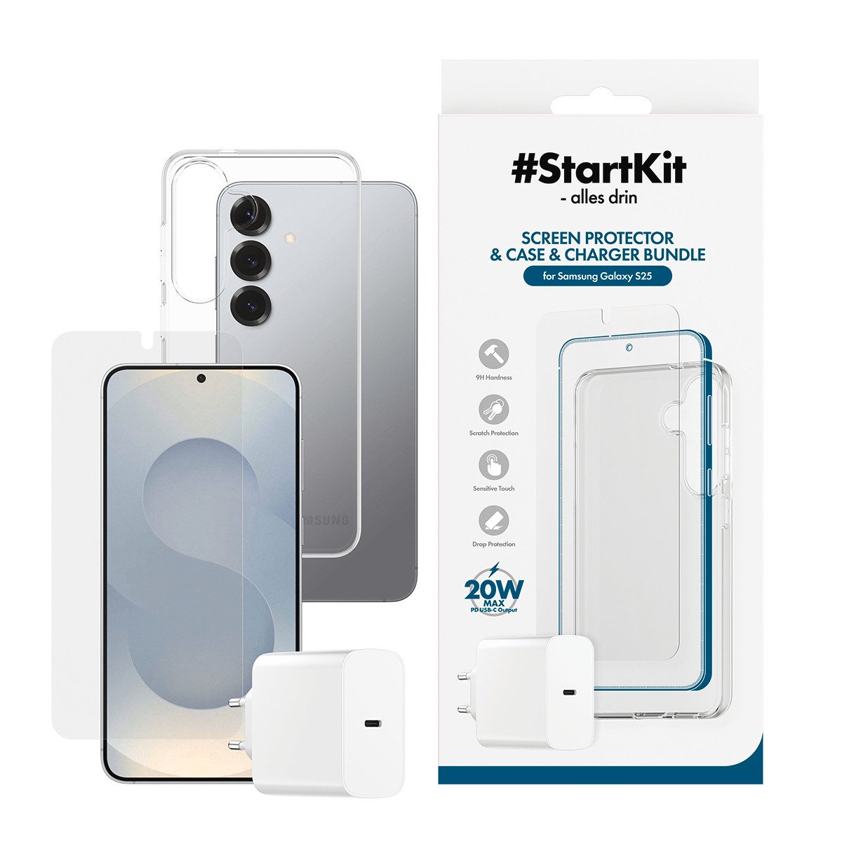 CARE by PanzerGlass StartKit - alles drin - Screen Protector, Case & Charger USB-Ladegerät (Set, 3-tlg., 20W Ladegerät, Displayschutzglas, TPU-Schutzhülle, 3-in-1 Bundle für Samsung Galaxy S25)