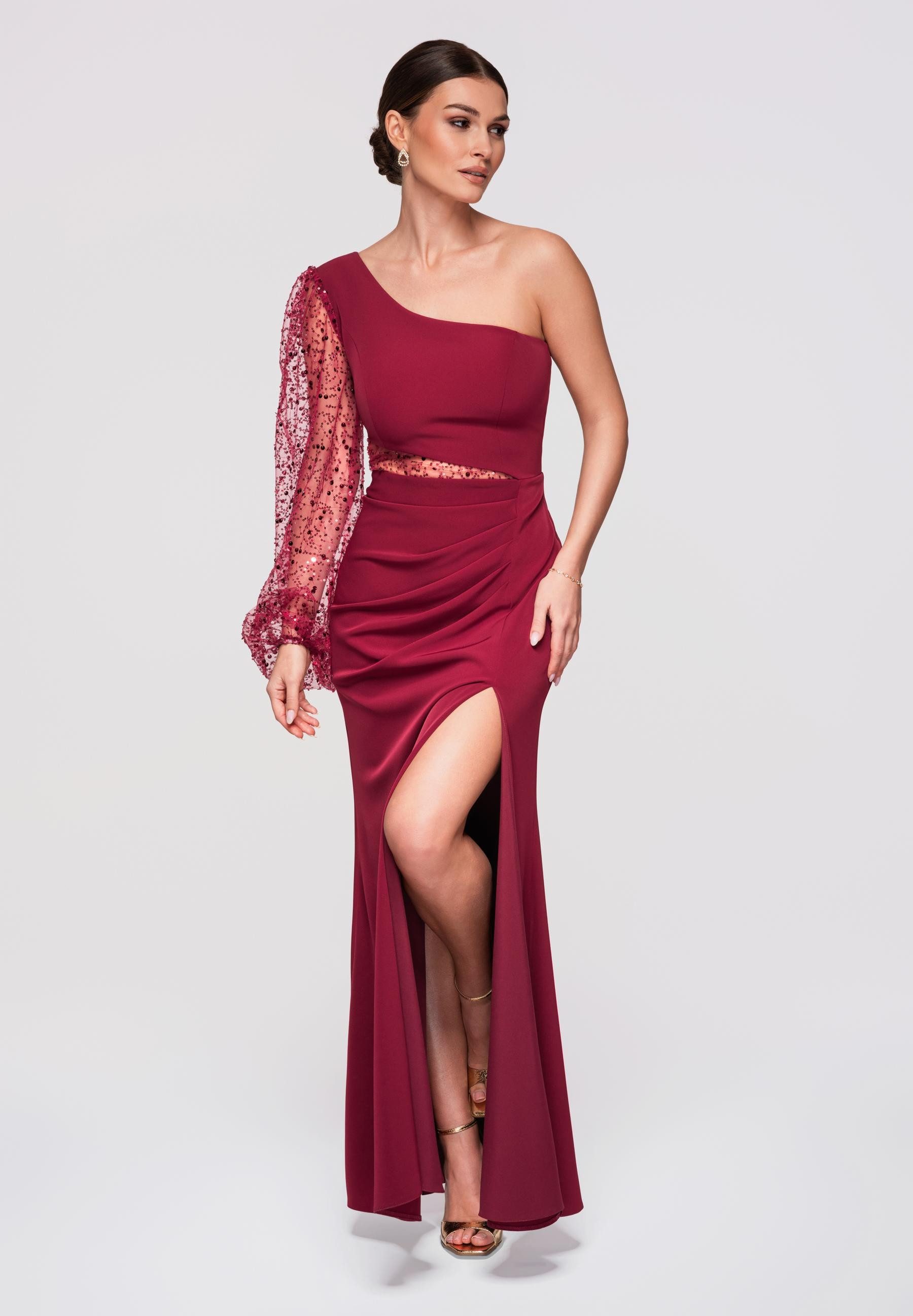 OMBRE Abendkleid Maxikleid Abendkleid mit Schlitz Elegant Bordeaux M (kein Set, 1-tlg) Asymmetrisches Design, Drapierung vorne, Seitenschlitz