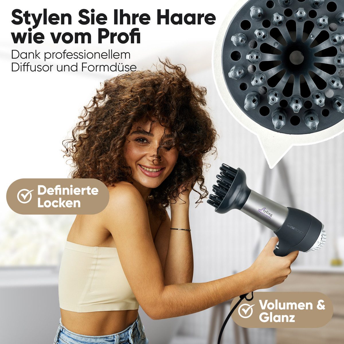 CLATRONIC Haartrockner HTD 3055, Haartrockner mit Diffusor und Formdüse, 2000W