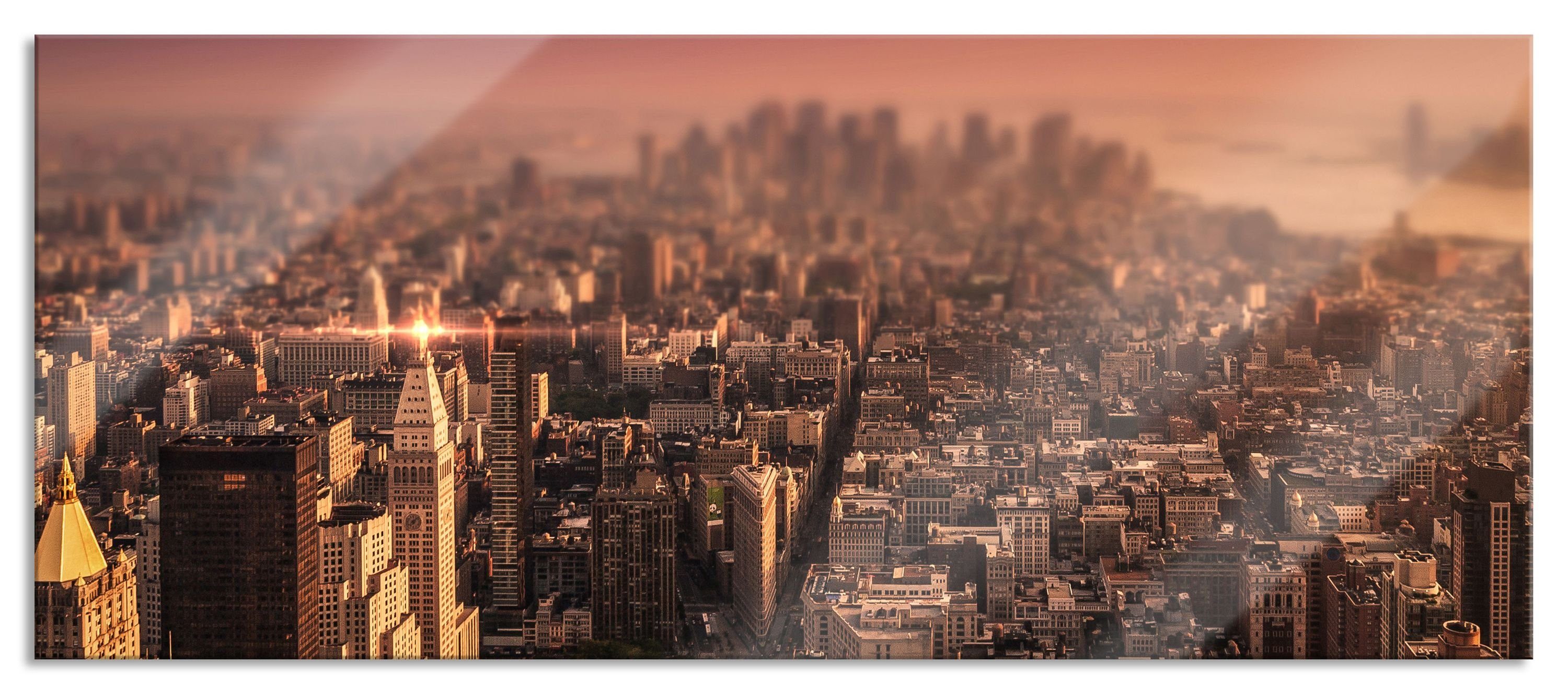 Pixxprint Glasbild New York City bei Sonnenuntergang, New York City bei Sonnenuntergang (1 St), Glasbild aus Echtglas, inkl. Aufhängungen und Abstandshalter
