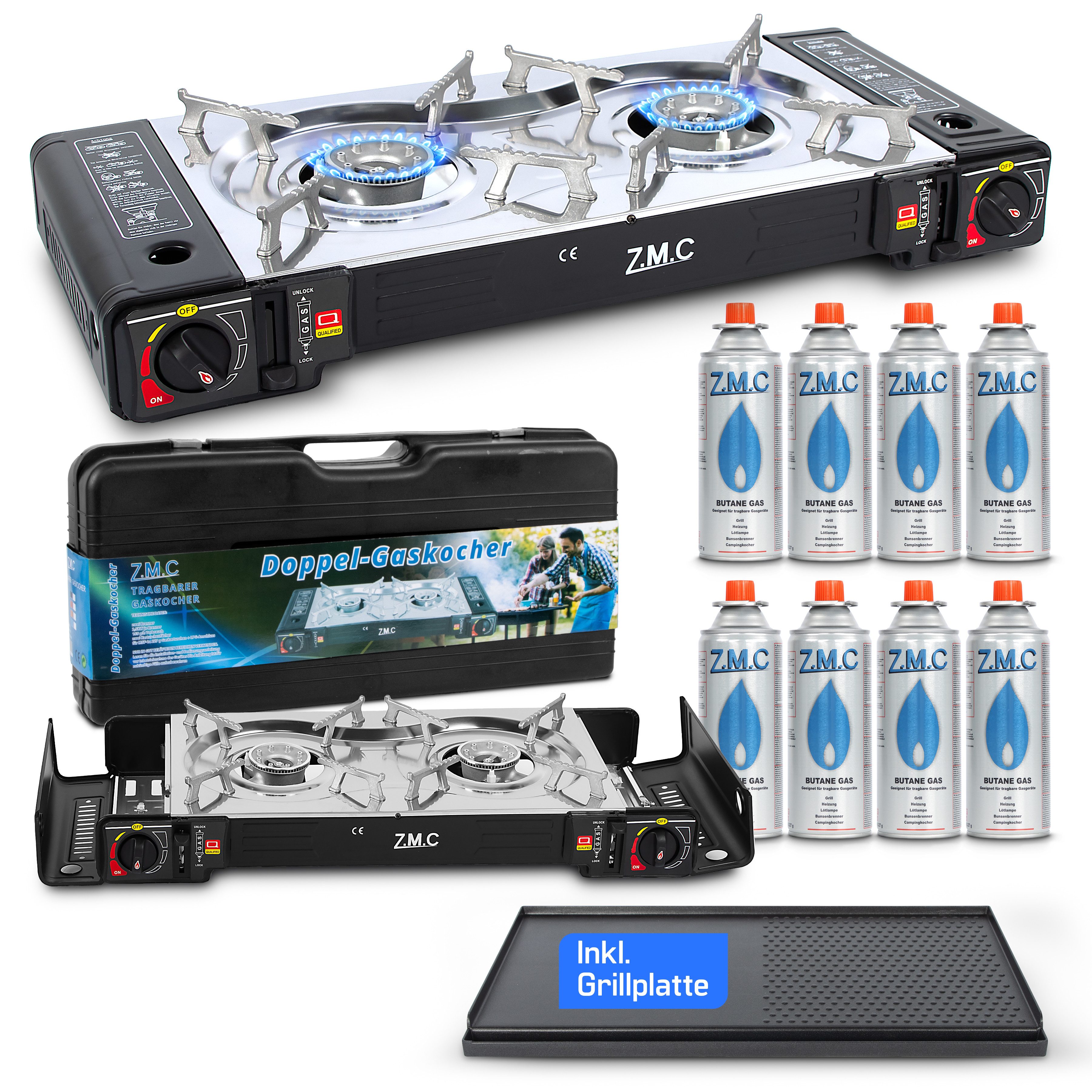 ZMC Gaskocher 2in1 Campingkocher Grillplatte mit Piezozündung + 8x Gaskartuschen, (2 Flammig Grill Platte Tischgrill Doppel Gasbrenner Gasgrill Kochfeld mit LPG Anschluß Wärmeleistung: 2,3KW, 2,3KW), Butan Gas 227g Gaskocher Outdoor Camping Gas Kocher Herd Butangas