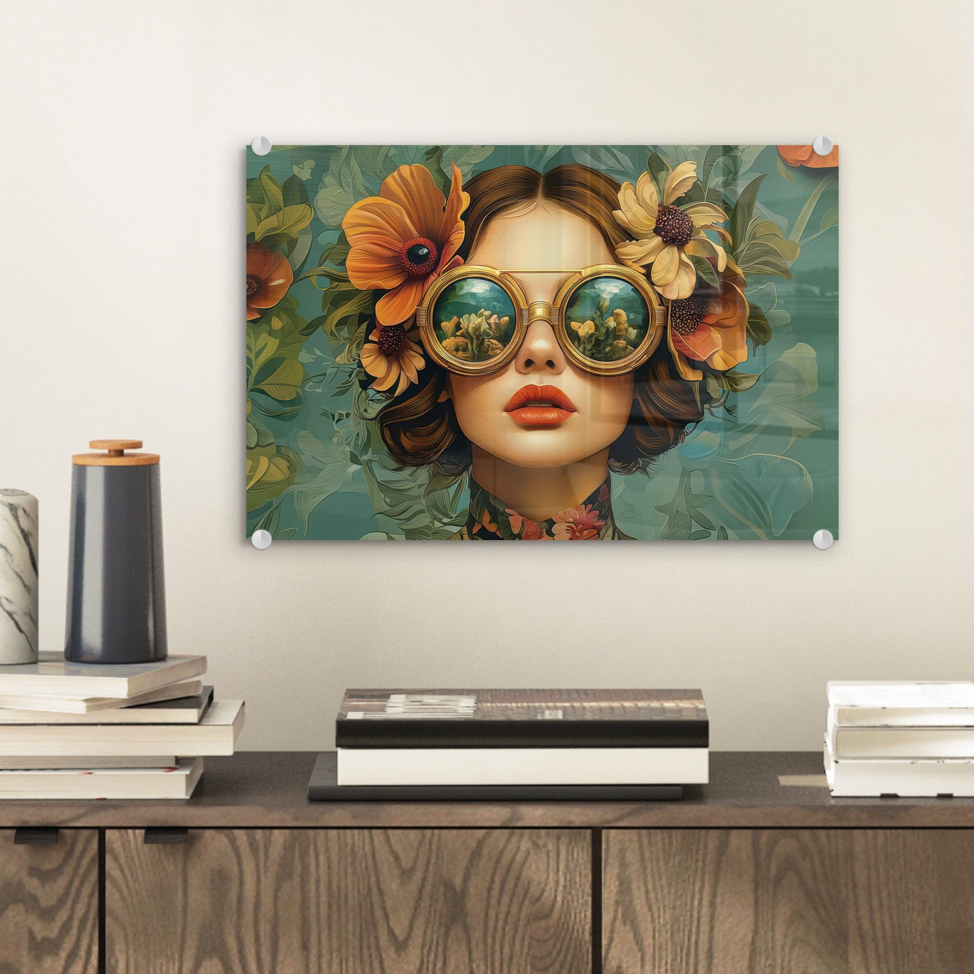 MuchoWow Acrylglasbild Frau - Blumen - Schmetterlinge - Natur - Vintage, In günstig online kaufen