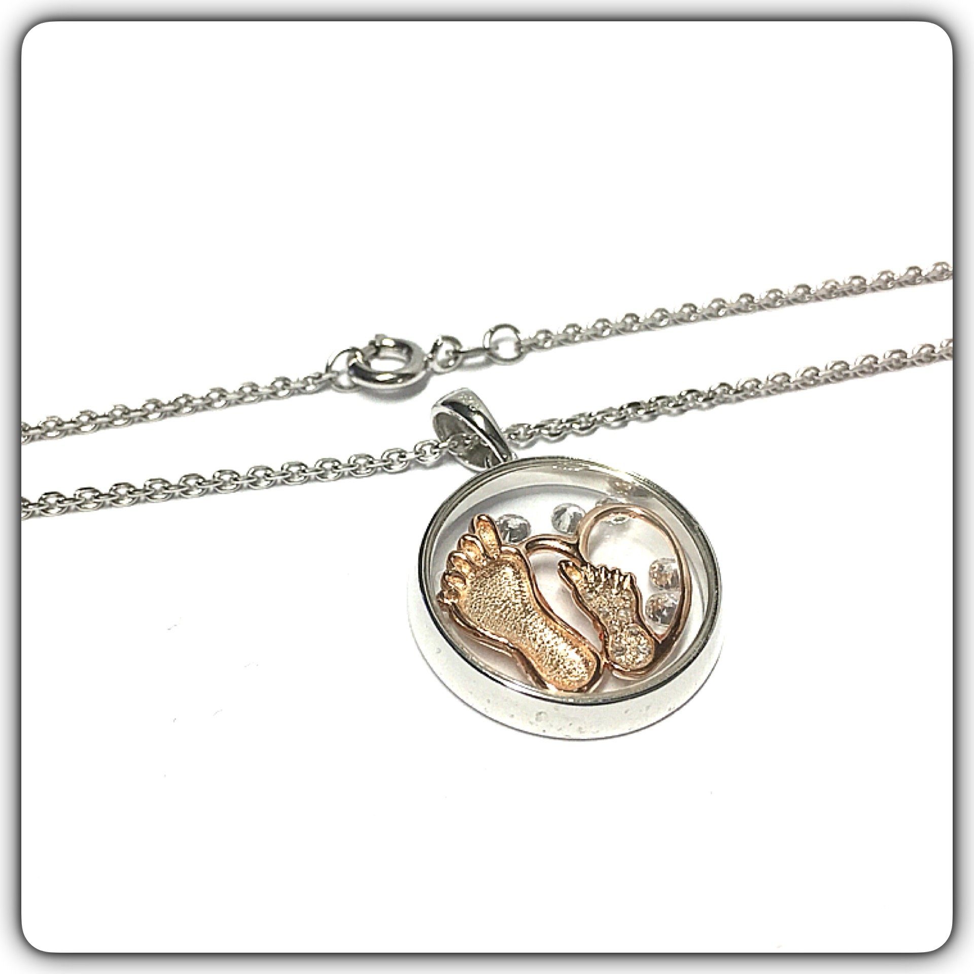 Edelschmiede925 Kettenanhänger Edelschmiede925 Babyfüße unter Glas in 925 Silber bicolor mit Zirk