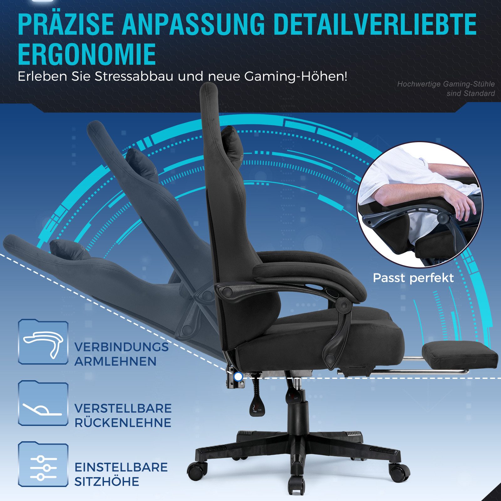 GTPLAYER Gaming-Stuhl aus Stoff mit Taschenfederkissen großer hoher Gamer Stuhl, 150KG (Gaming Chair mit hoher Rückenlehne und Fußstütze), Bürostuhl Gaming Sessel Gepolstert für Jugendliche und Erwachsene