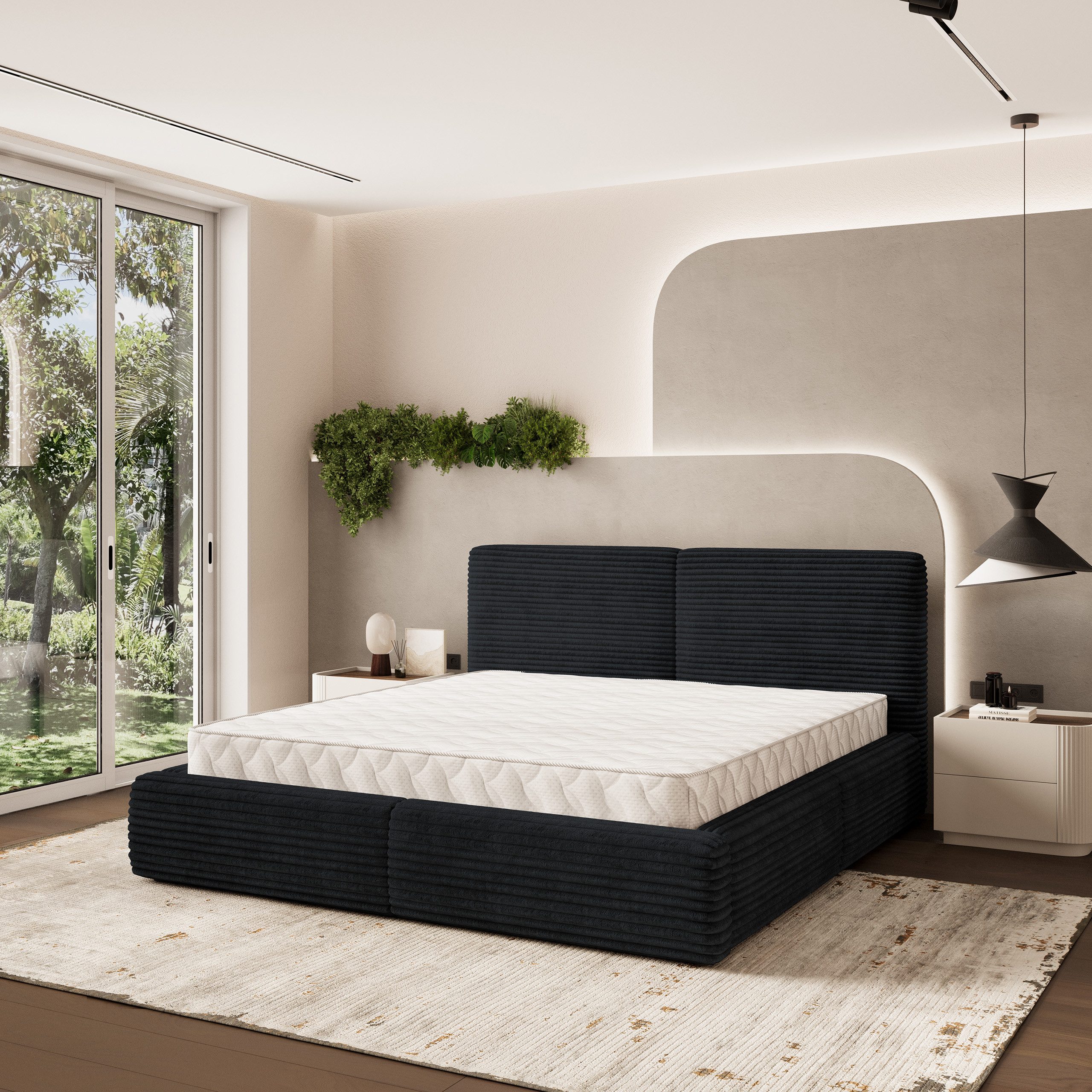 Masseno Polsterbett FELURO 200x200 cm schwarz (mit Bettkasten und Lattenrost)