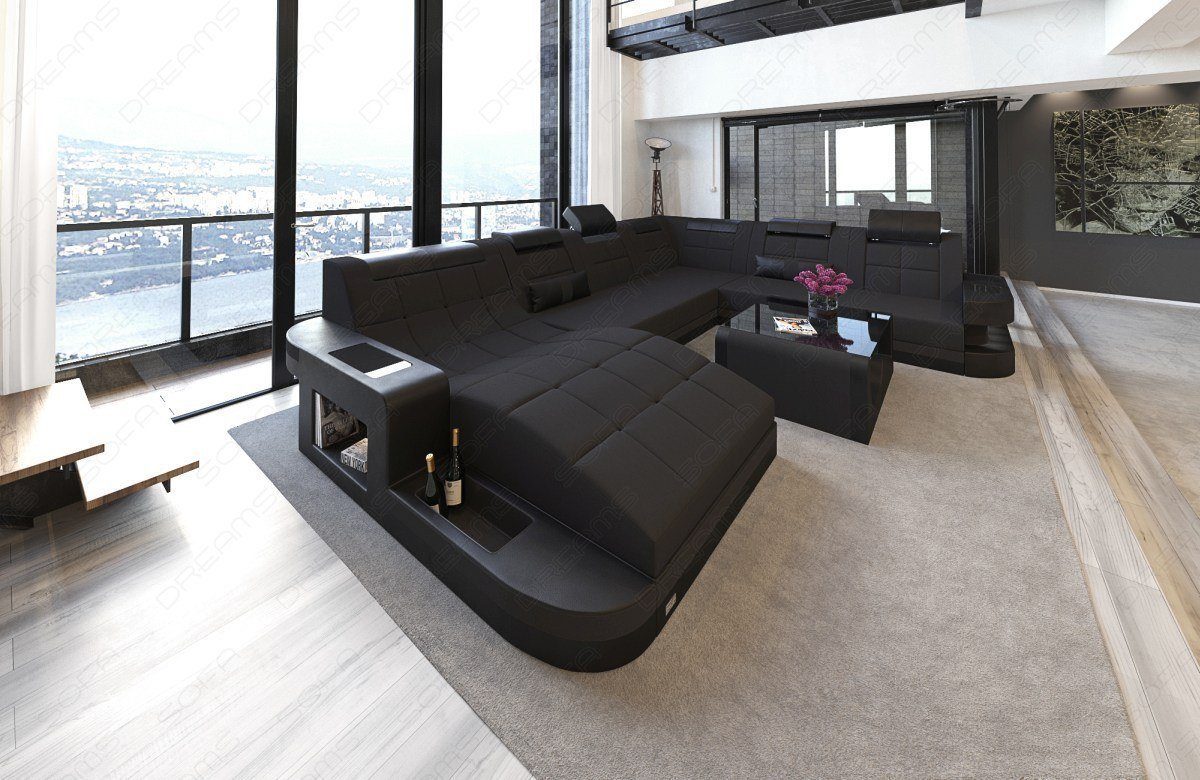 Sofa Dreams Wohnlandschaft Strukturstoff Polster Sofa Wave XXL M Mikrofaser Stoff, Couch wahlweise mit Bettfunktion schwarz-schwarz