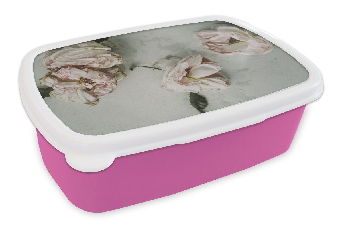 MuchoWow Lunchbox Rosen - Blumen - Getrocknete Blumen, Kunststoff, (2-tlg), Brotbox für Erwachsene, Brotdose Kinder, Snackbox, Mädchen, Kunststoff rosa