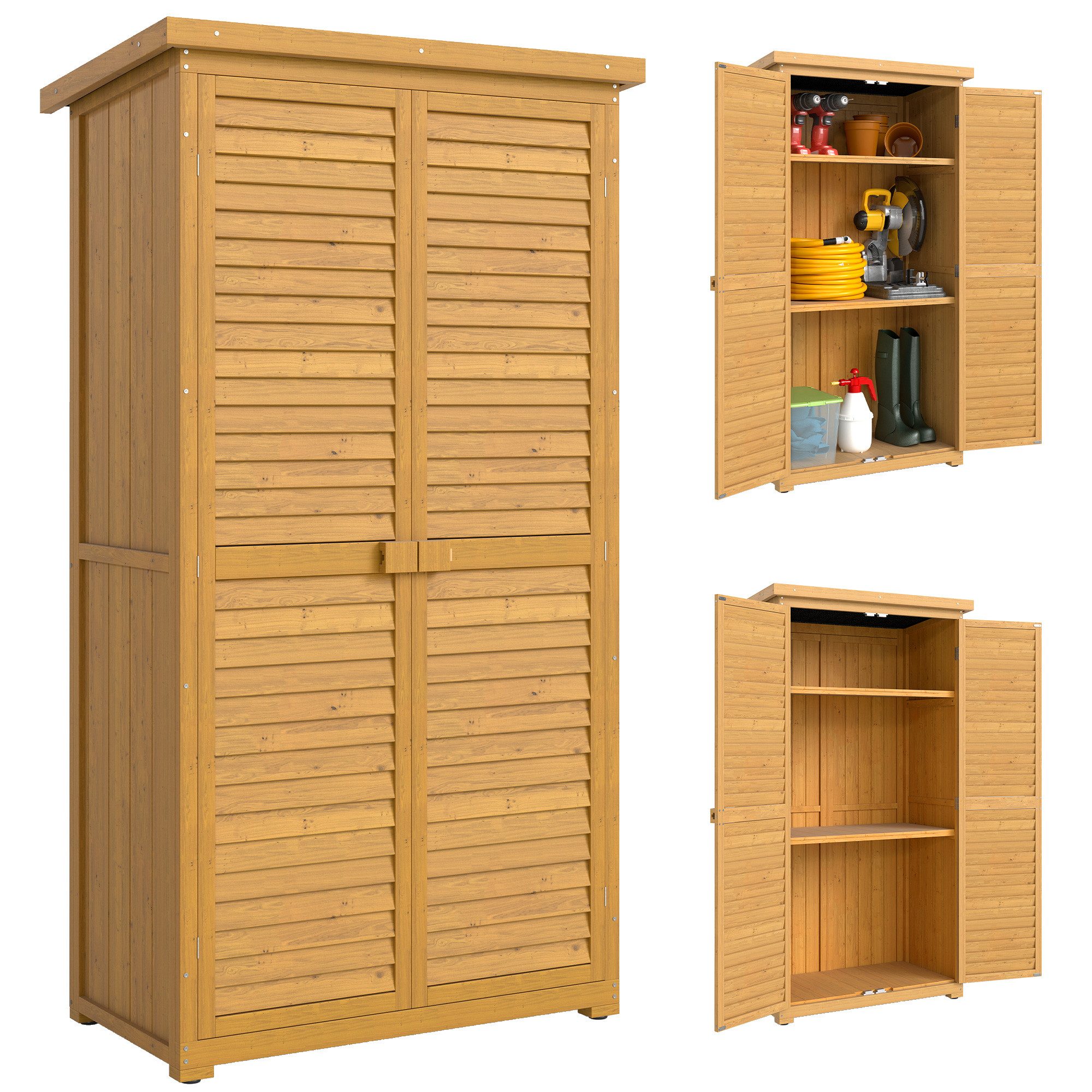 Outsunny Gerätehaus Gartenschrank Holz, Geräteschuppen wetterfest, mit Tür, Pultdach, BxT: 87x46.5 cm, (Gartenschrank, 2 St., Geräteschuppen), Wasserfestes Dach und gute Belüftung