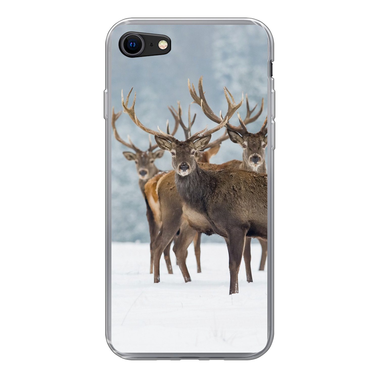 MuchoWow Handyhülle für Apple iPhone SE 2022 Hirsche - Tiere - Schnee - Winter - Landschaf, Handy Case, Silikon, Bumper Case Dünn