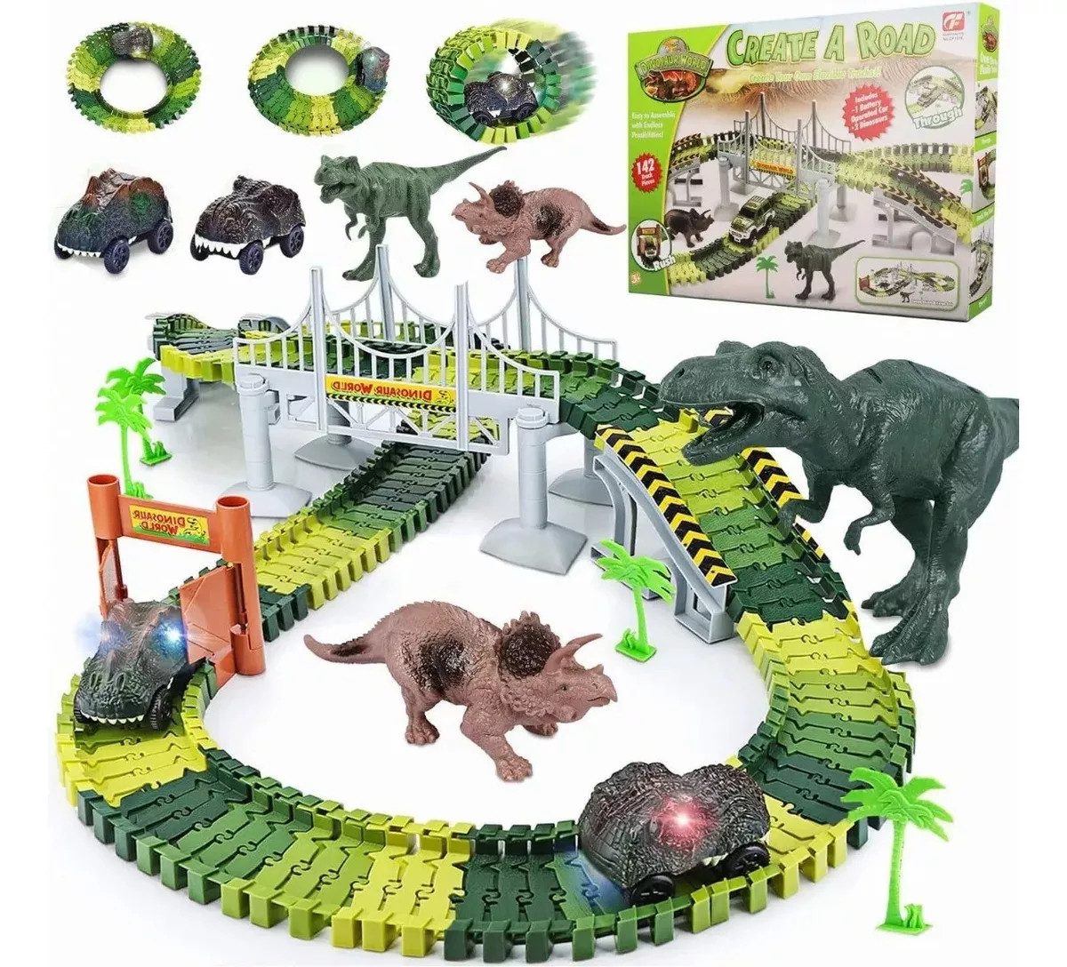 Cbei Autorennbahn 160 Stück Rennstrecke Dinosaurier Spielzeuge Flexible Zugbahnen, (Set 160-tlg, Komplettset, 160-tlg., mit 2 Dinosaurierautos, 2 Dinosaurier Spielzeug), Pädagogisches Dinosaurier-Spielset Geschenk für Kinder