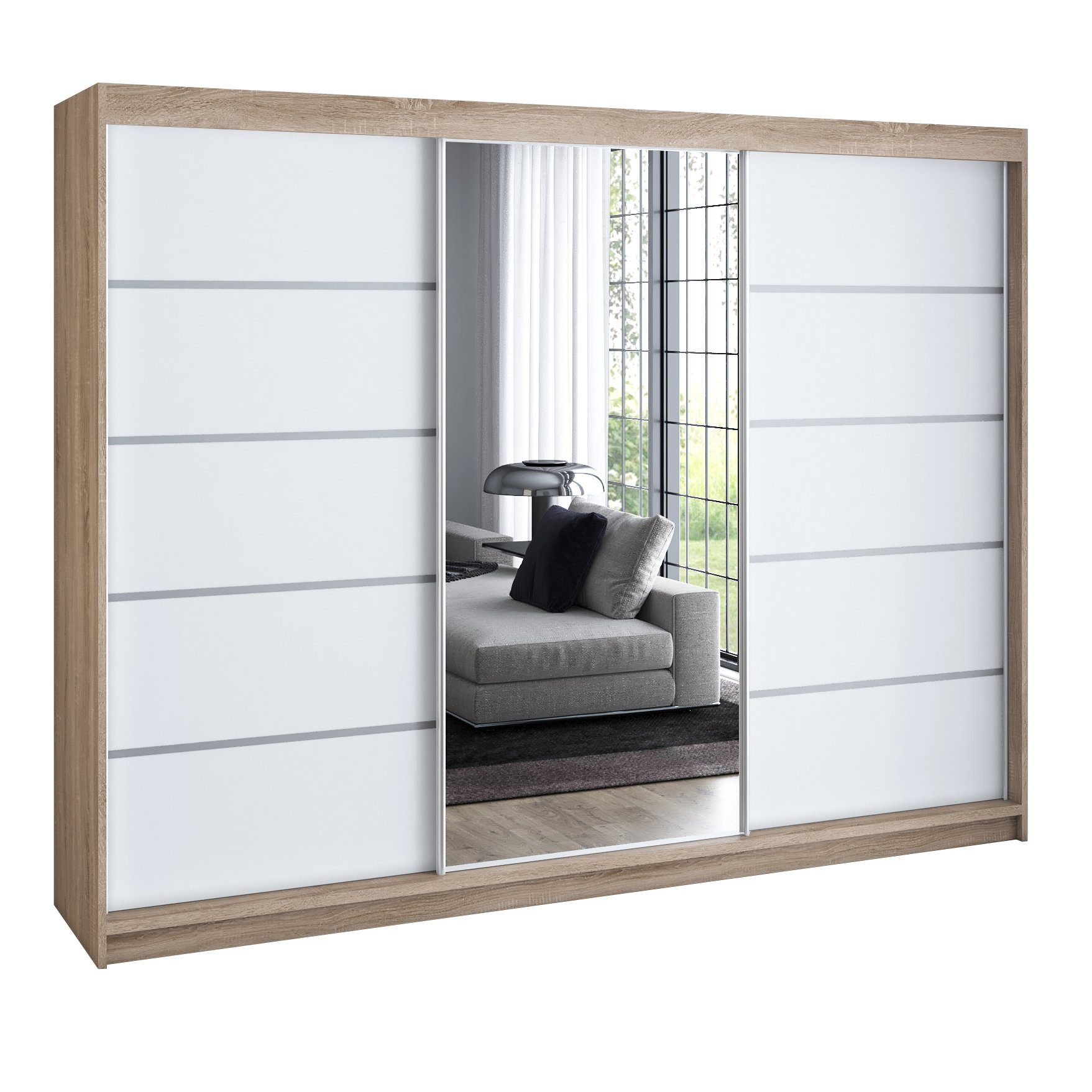 A&J MöbelLand GmbH Schiebetürenschrank VILUNO mit 4 Schubladen und Spiegel (nur für kurze Zeit! TOP ANGEBOT! Geräumiger Schrank mit einer Breite von 200 cm und Spiegel, ideal zur Aufbewahrung von Kleidung und Accessoires. 4 Schubladen und viel Stauraum. T