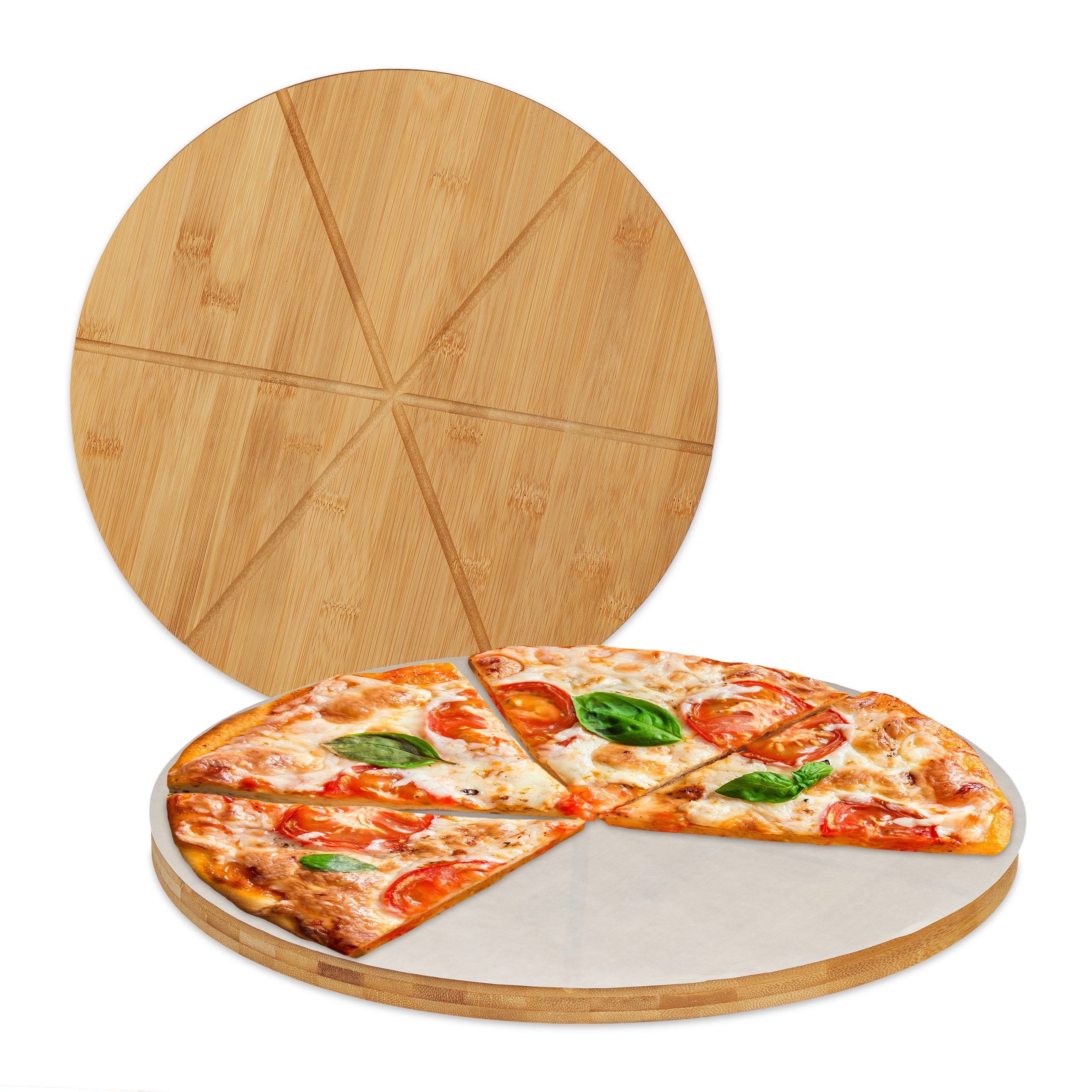 Pizzaschneidebrett Pizzabrett Bambus 2er Set mit Backpapier
