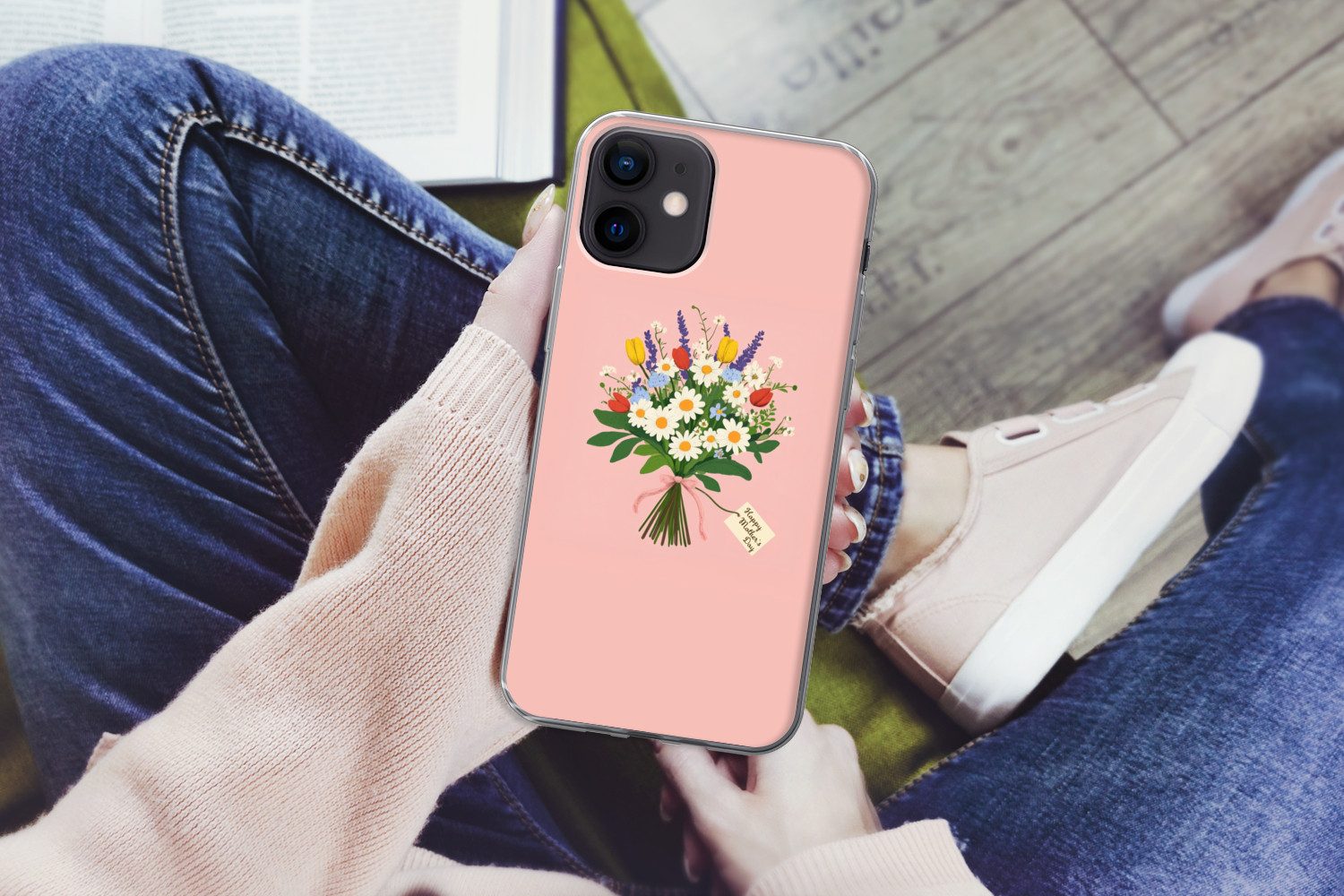 MuchoWow Handyhülle für Apple iPhone 12 Blumen - Farbband - Karte, Smartphone-Bumper, Print, Handy Schutzhülle Dünn