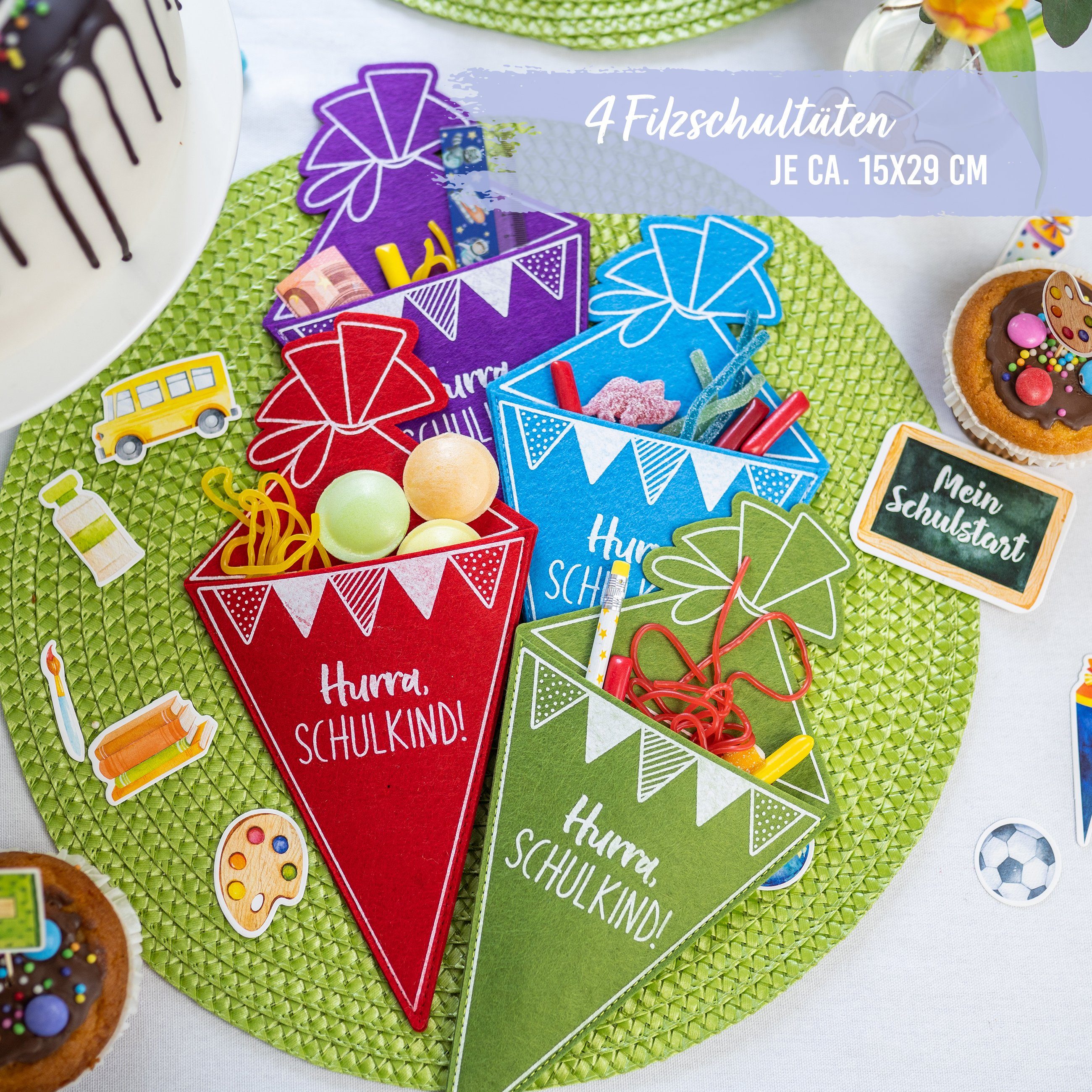 PAPIERDRACHEN Schultüte 4 Filz-Schultüten - Hurra Schulkind! - Einschulung, Geschenk - oder Bestecktasche