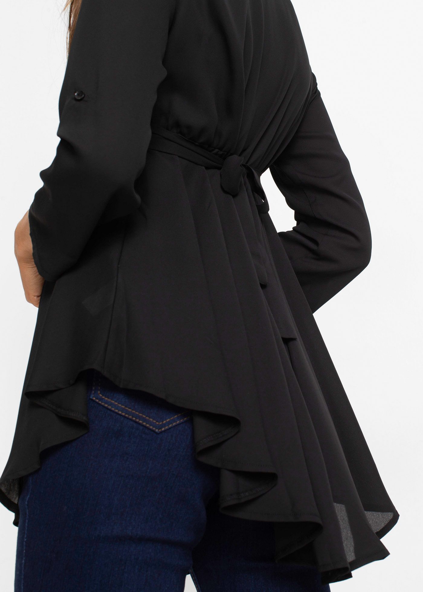 bonprix Longbluse (mit Gürtel) ausgestellte Passform, mit Hemdblusenkragen, unifarben
