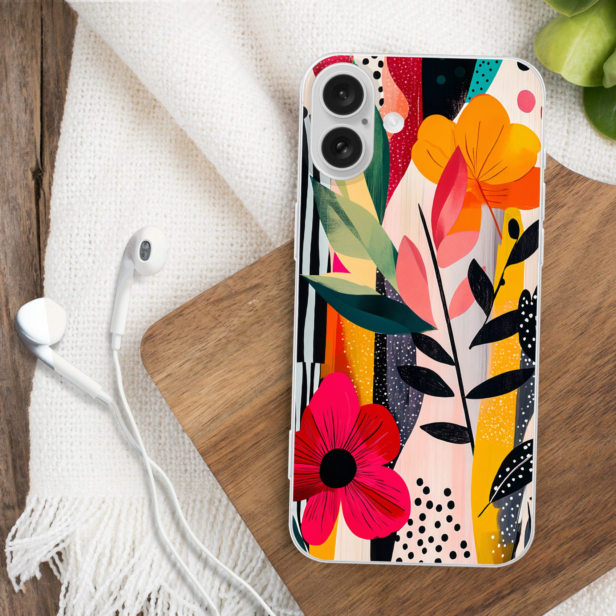 MuchoWow Handyhülle für Apple iPhone 16 Plus Blumen - Blätter - Abstrakt - Farbenfroh, Smartphone-Bumper, Print, Handy Schutzhülle Dünn