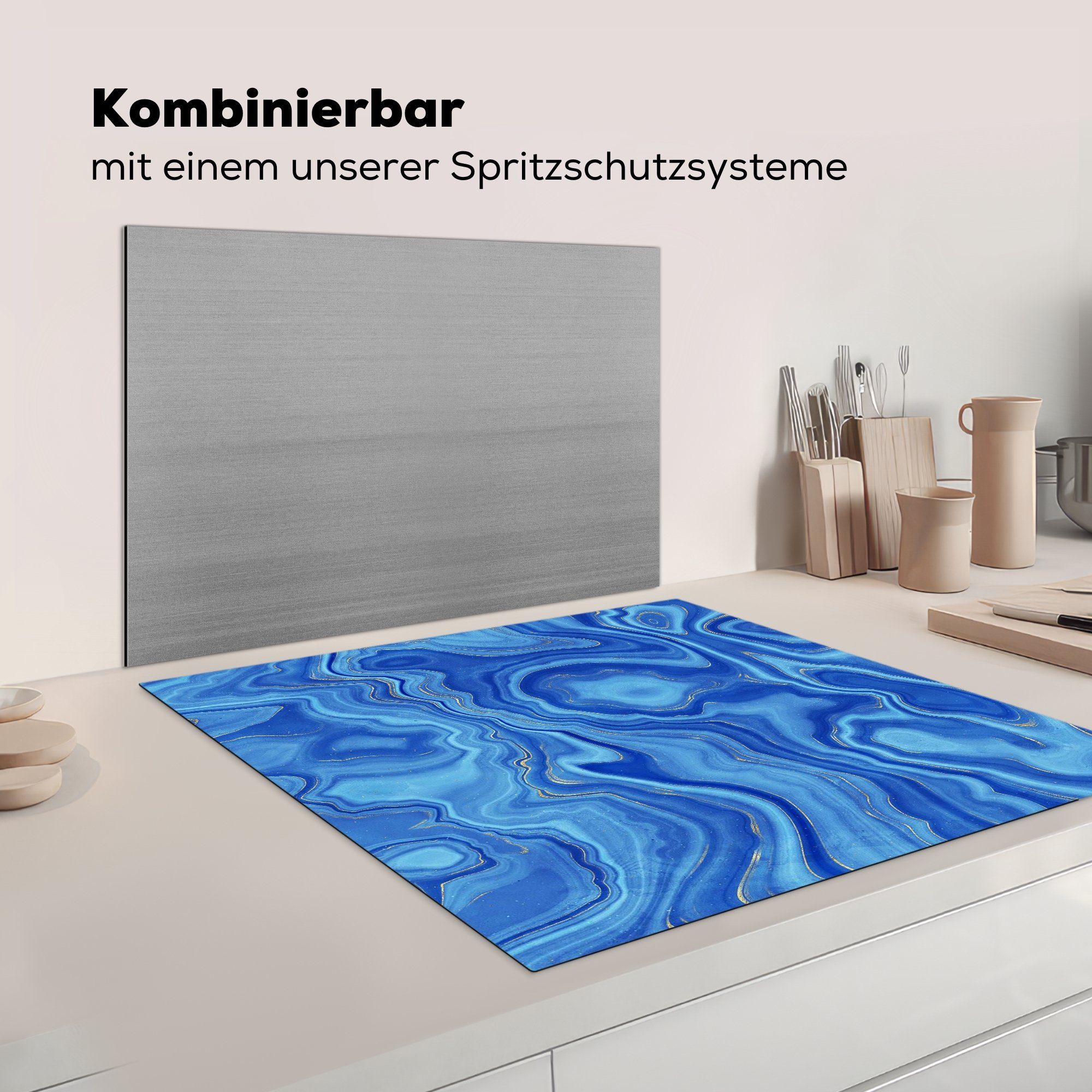 MuchoWow 78x78 (1 tlg), - Ceranfeldabdeckung, Vinyl, cm, - für küche Herdblende-/Abdeckplatte Muster, Blau Arbeitsplatte Marmor